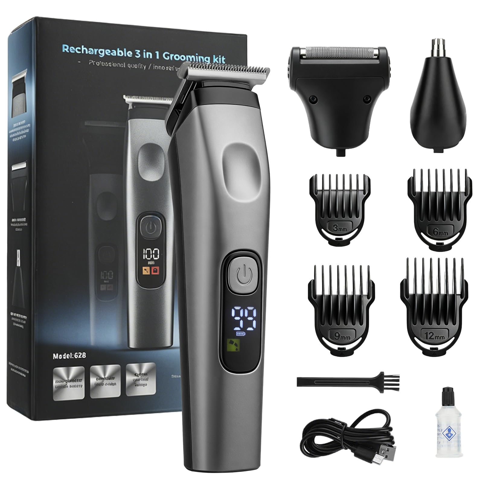 Beard Trimmer for Men, 3-in-1 Cordless Mens Beard Trimmer Kit with 3/6/9/12mm Guide Combs, USB Rechargeable Electric Beard Trimmer for Mustache/Face/Nose/Body