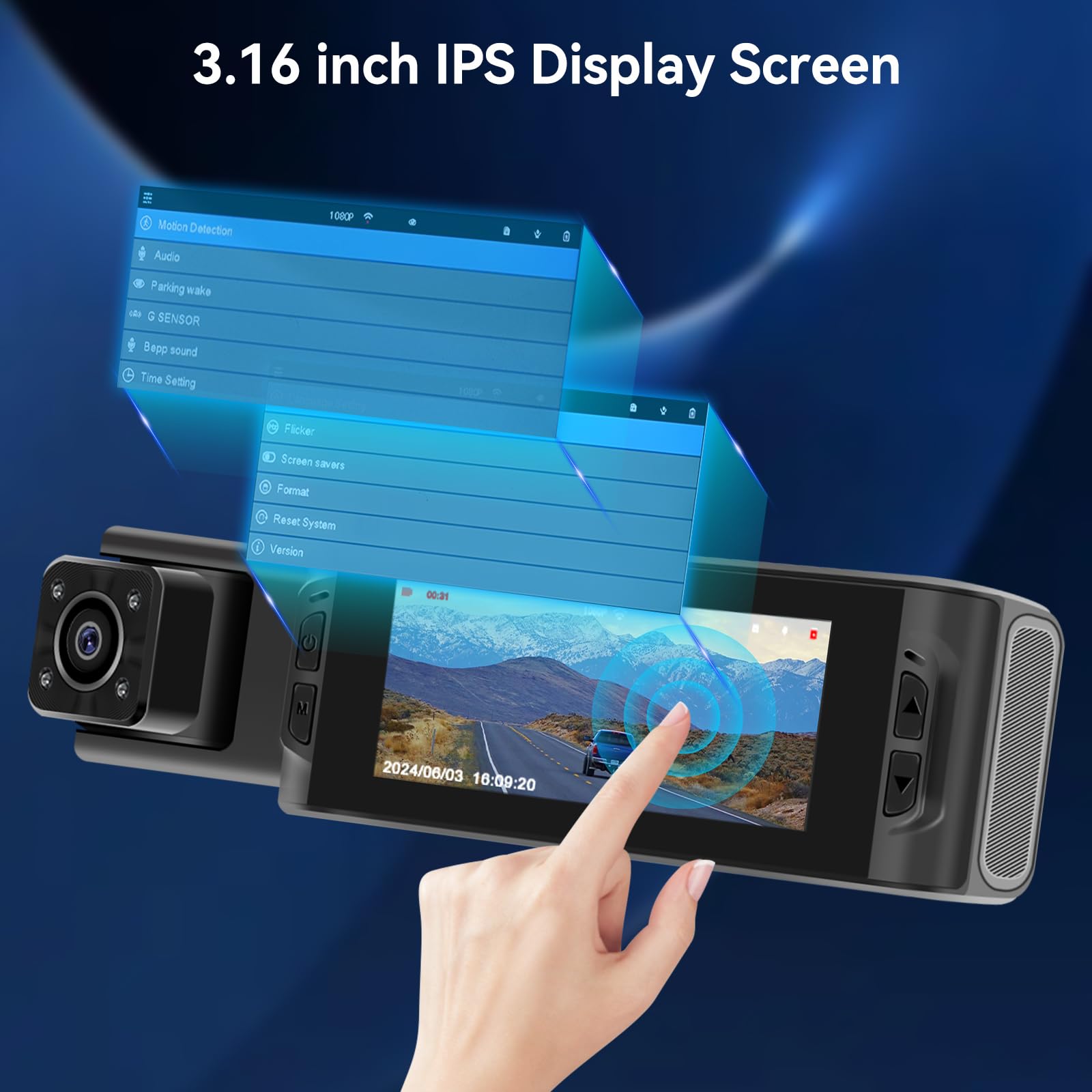 NHOPEEW Dash CAM de 3 Canales - Dashcam Frontal y Trasera de 360° con Pantalla de 3,16 Pulgadas - WiFi/Grabación en Bucle/Compensación de exposición/Detección de Movimiento