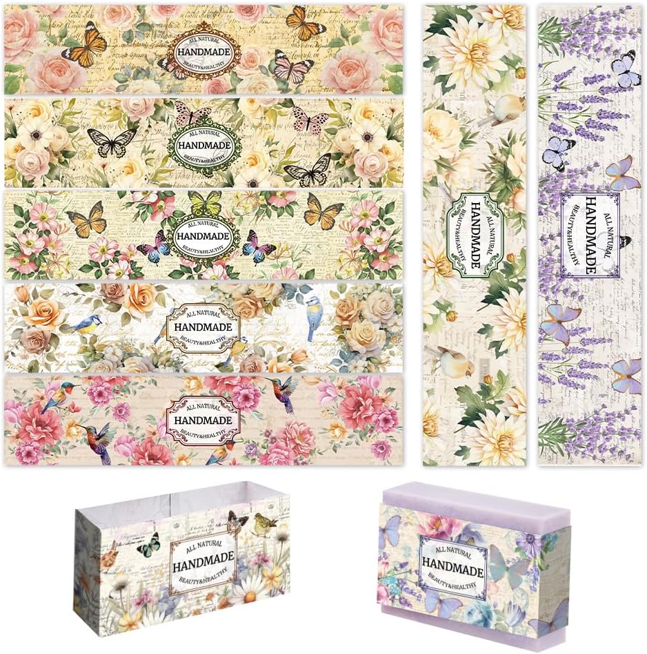 PH PandaHall 90pcs Vintage Plant Wrapper Tape, 9 Styles Flower Soap Packaging Paper Vertical Soap Paper Tag Soap Sleeves Covers for Handmade Soap Lotion Bars Bath Gift Wrapping, 21x5cm/8.2x1.9inch