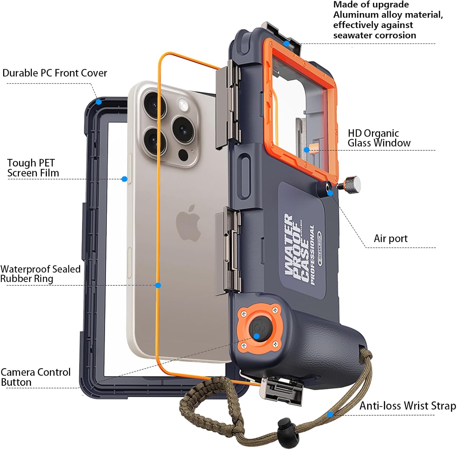 Universal Underwater Diving Case for Phone Size 4.7-4.9 inch(Volume Button on Left), fit with iPhone 17/16/15/14/13 Series, 50 FT(15Meters) Professional Scuba Waterproof Cases, Blue-Orange