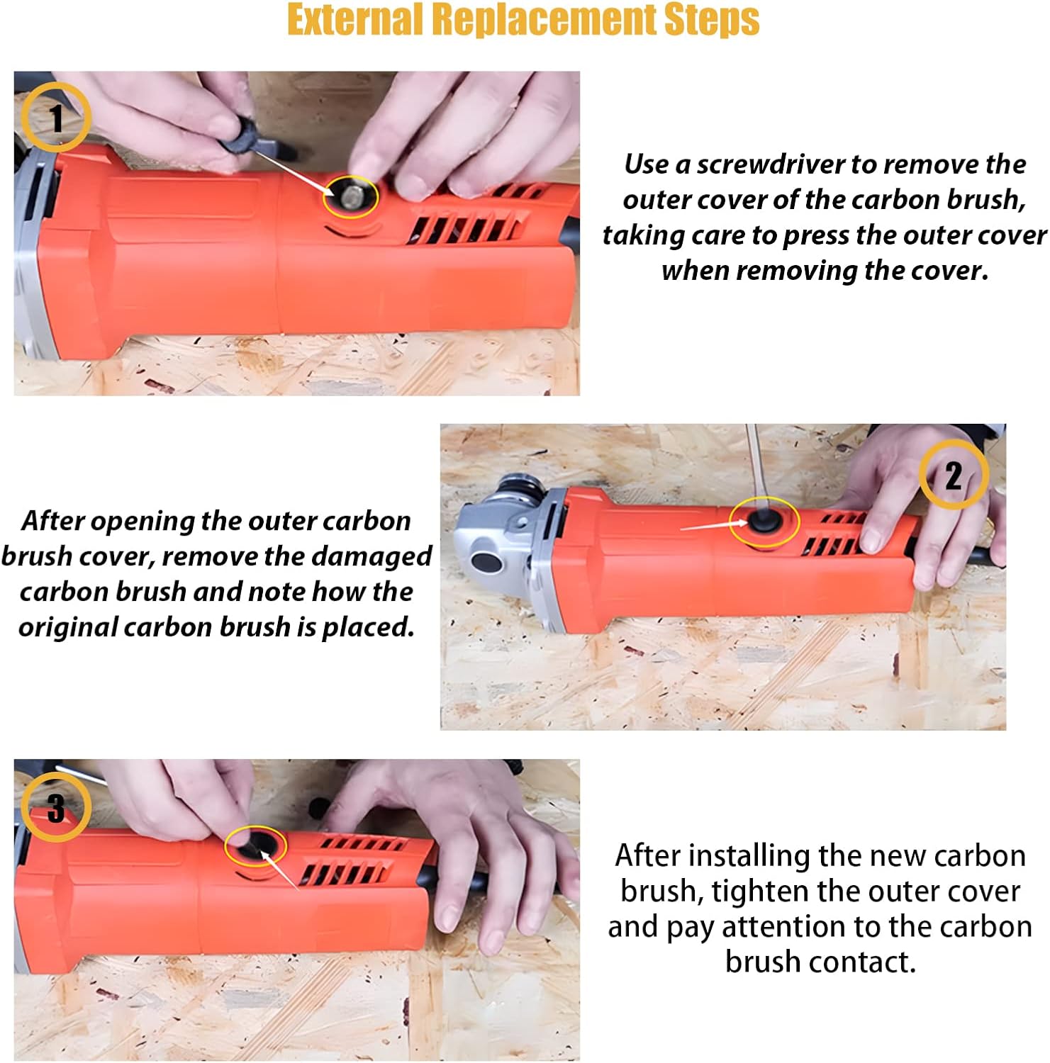 Femtrins visuel vejledning til udskiftning af indbyggede kulbørster: åbning af dæksel, fjernelse af gammel børste, montering af ny børste, tilslutning og lukning af dæksel.