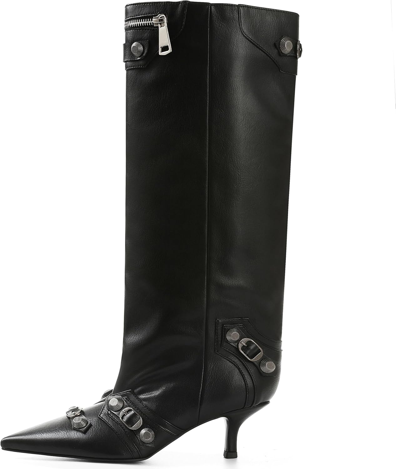 Oiamenne Women Knee High Boots - Pointed Toe Kitten Heel