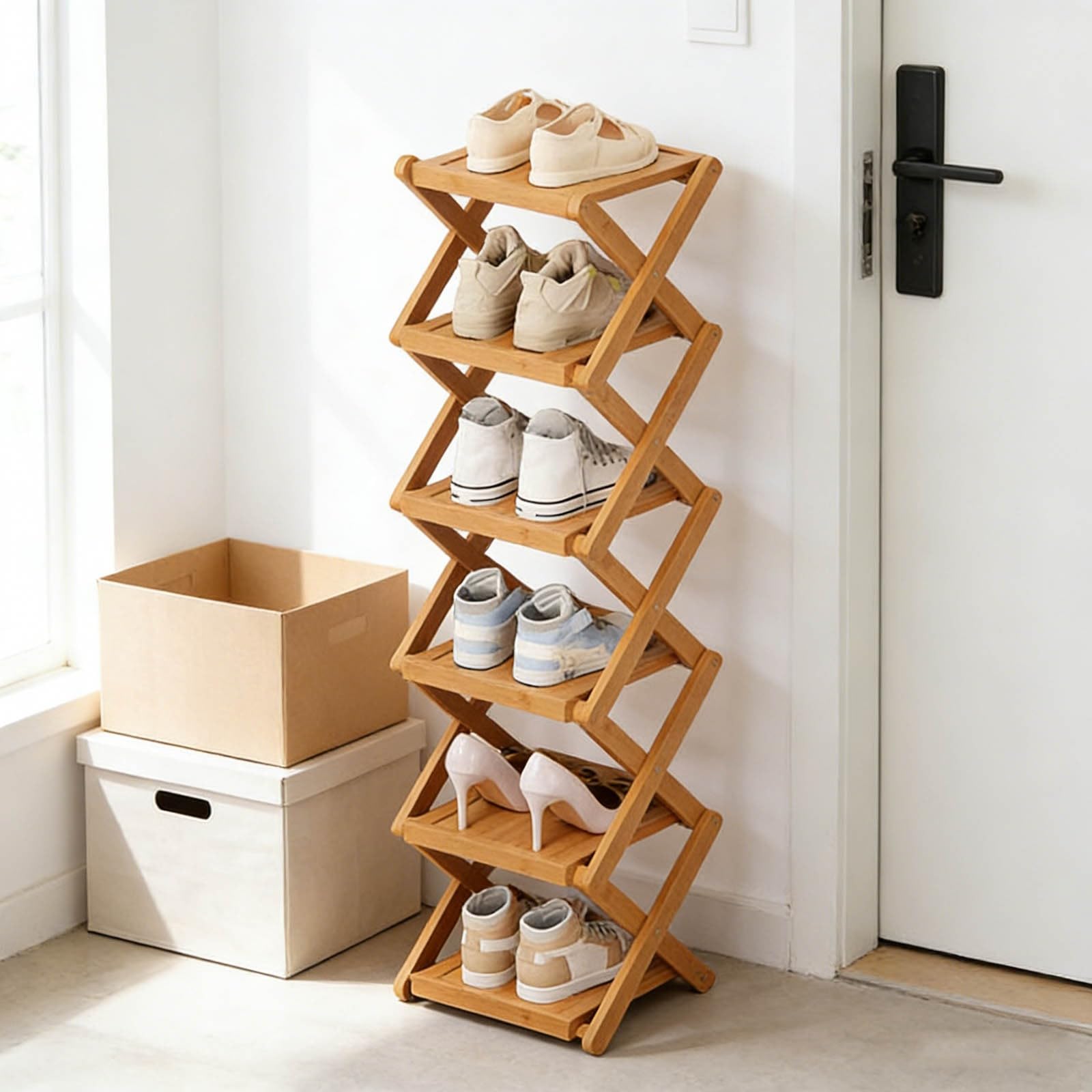 The 9-Tier No-Assembly Bamboo Rack, 2026 Upgraded Foldable 9 Tier Bamboo Corner Shoe Rack, Space-Saving Organizer for Shoes, No Assembly Narrow Shoe Shelf for Entryway Closet Dorm (Khaki-6 Layers)