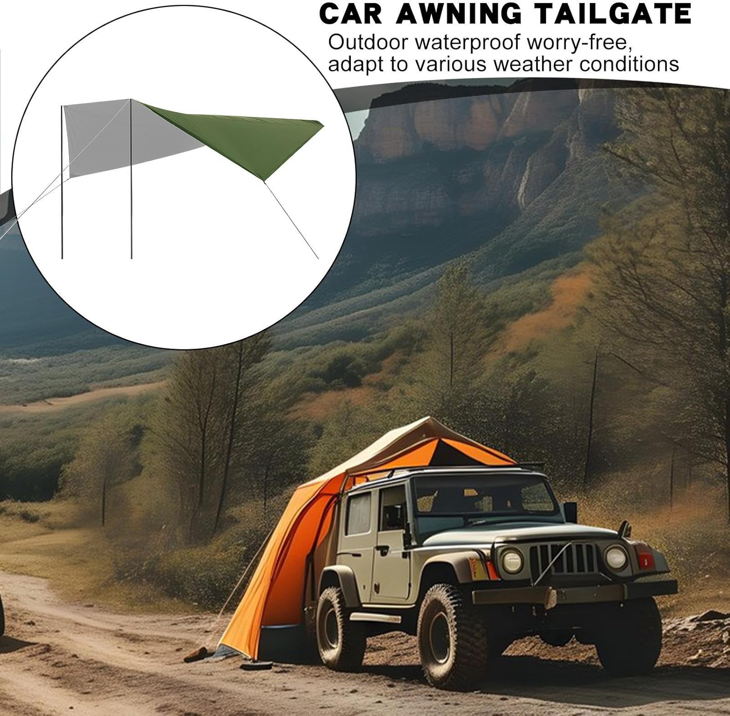 Vehicle Awning, Waterproof Side Rear Canopy Tent, Tailgate Sun Shade Shelter, Portable Silver-Coated Outdoor Tent for SUV Sedan Truck Van Bus, Quick Setup Durable Rain Sun Protection Cover