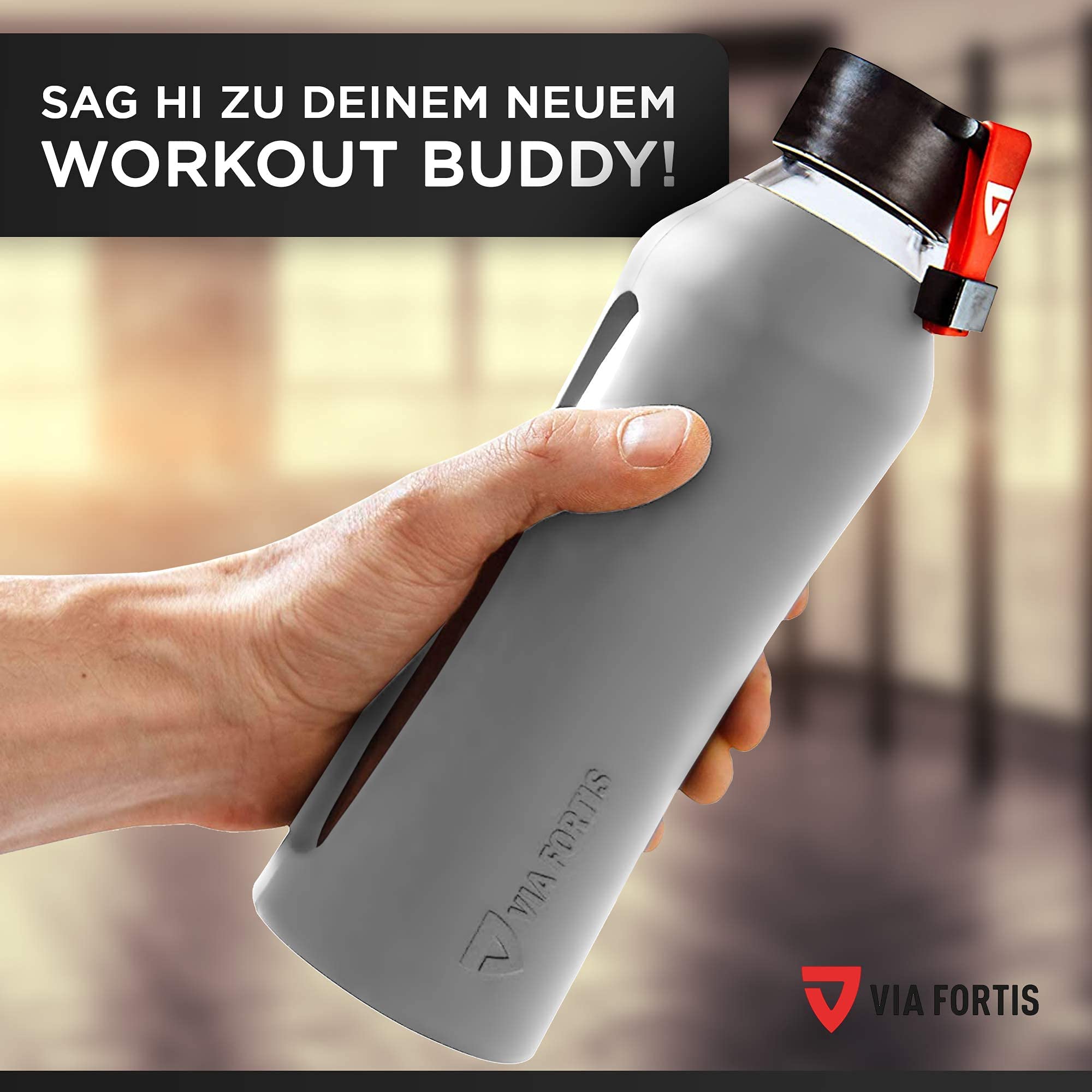 VIA FORTIS® Szklana butelka z wysokiej jakości silikonowym pokrowcem - Butelka na wodę do sportu, fitnessu, siłowni, rowerów i biura - Niełamliwa i wolna od BPA - 550ml