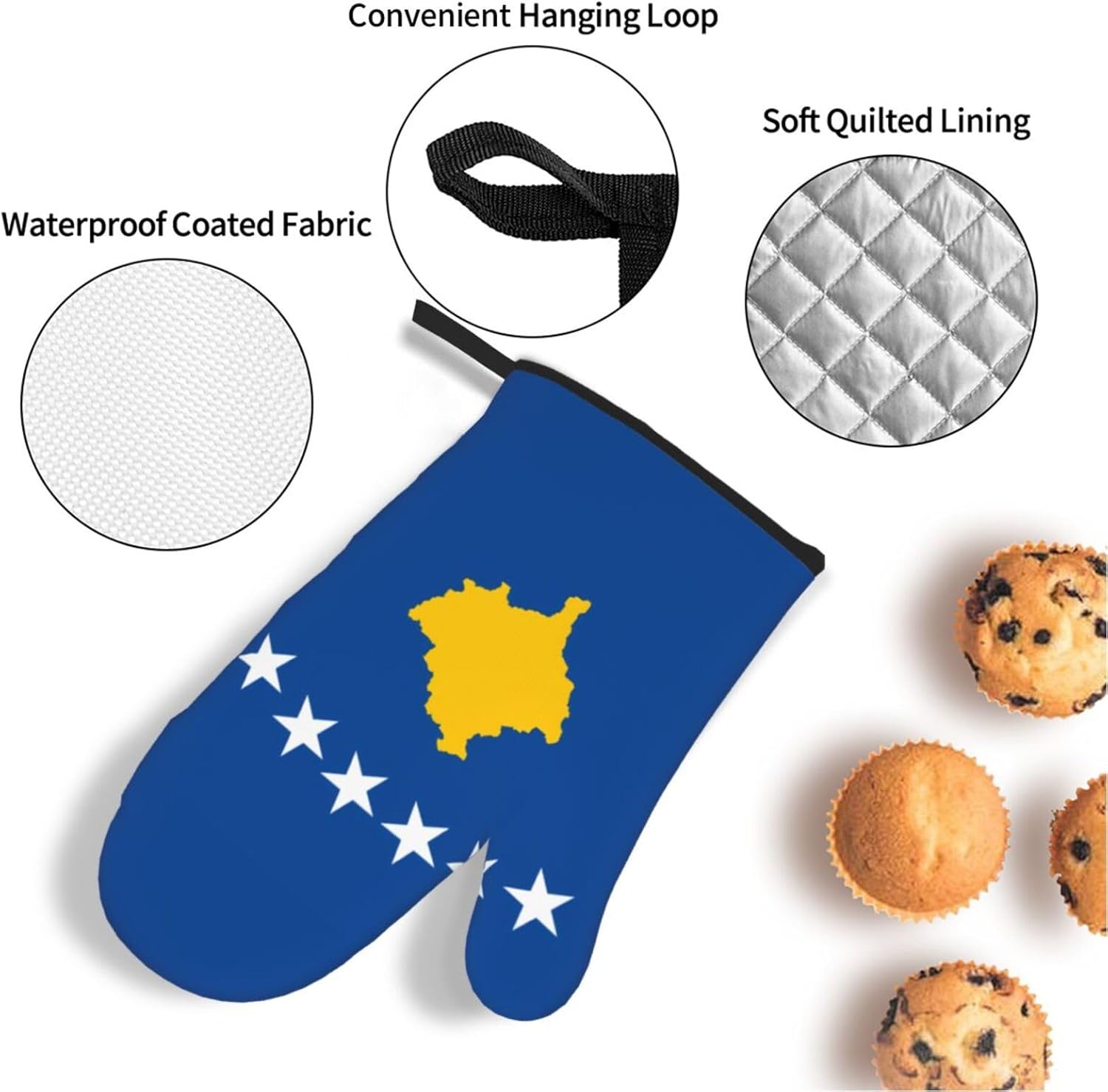 Flag of Kosovo Oven gloves and heat-resistant mat 4-piece set. Suitable for grilling, microwave oven frying, and baking
