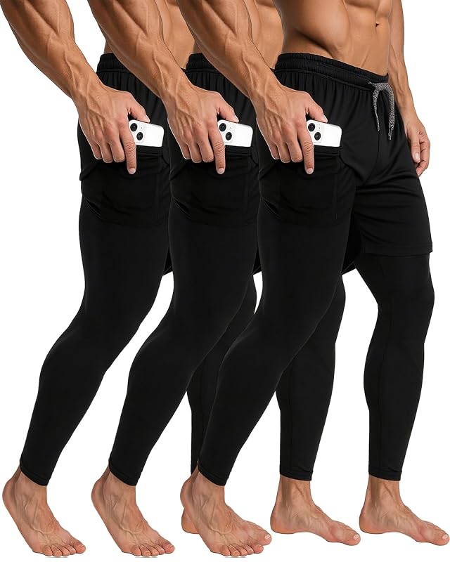 3 Pcs Mens 2 in 1 Athletic Running Pants Quick Dry Gym Workout Compression Pants with Pockets Towel