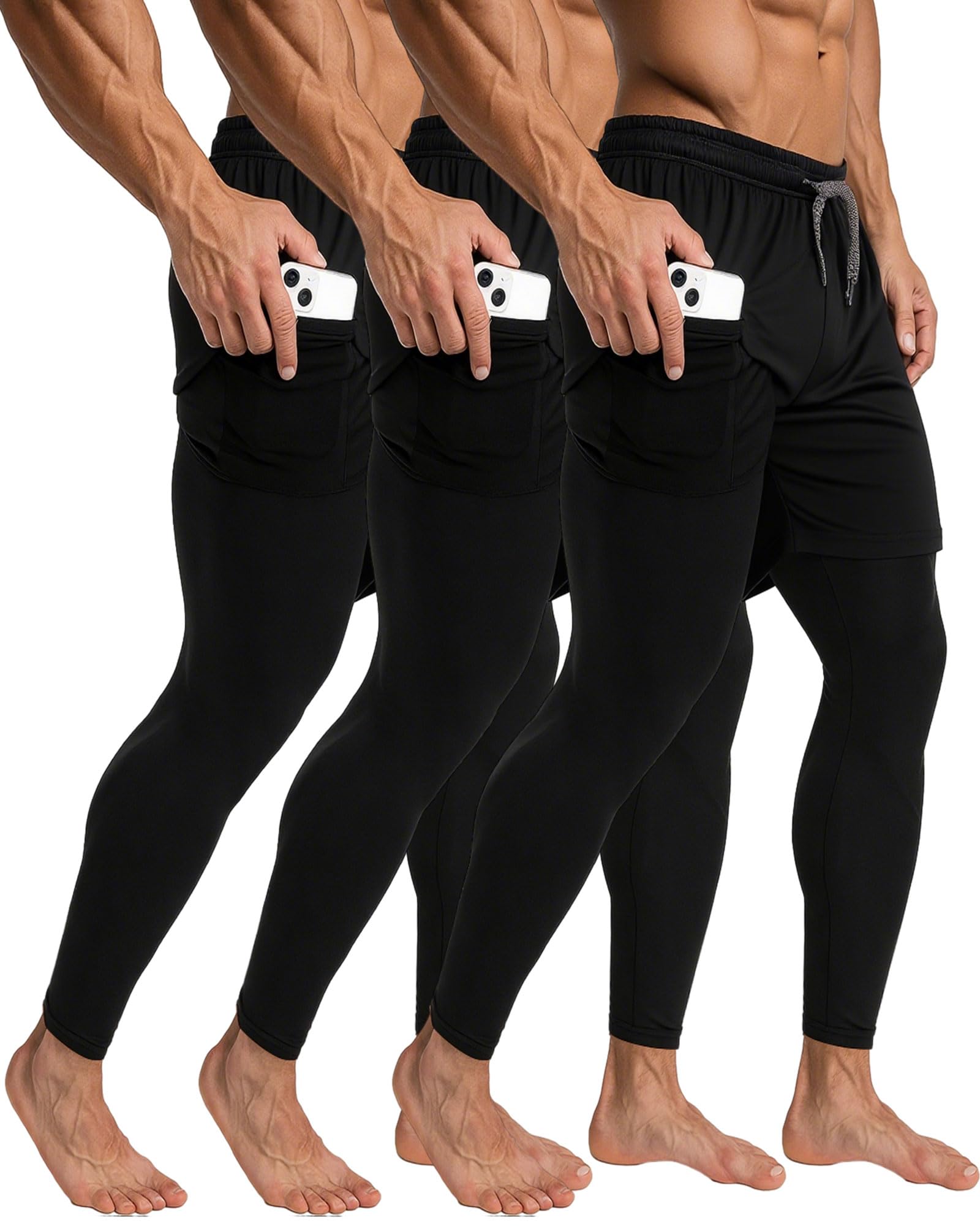 3 Pcs Mens 2 in 1 Athletic Running Pants Quick Dry Gym Workout Compression Pants with Pockets Towel