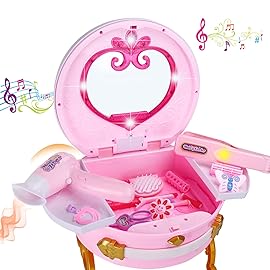 Portable Princess Vanity with Real Mirror, Toddler Makeup Vanity & Styling Tools, Lights and Sounds, Girls Toys Gifts for 3-12 Year Old Kids Birthday Gift