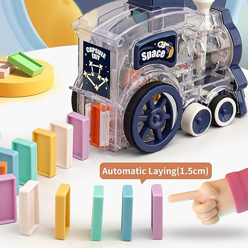 Miniatura 3 de B-Qtech Juego de 200 piezas de tren de dominó estilo espacial para niños con lanzacohetes de avión, juego de bloques de dominó de tren eléctrico,