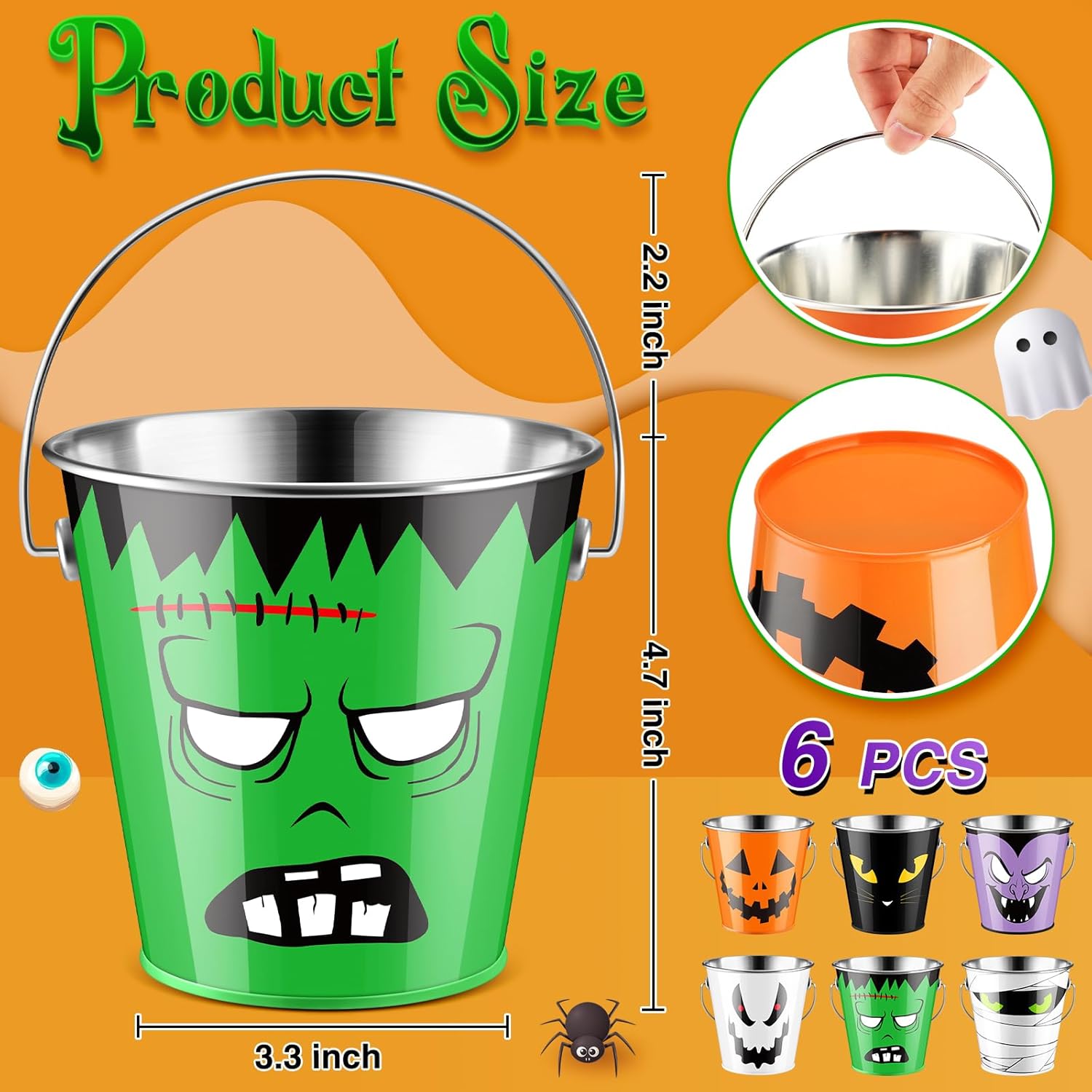 Tioncy 18 Pcs Halloween Bucket Metal Bulk Kids Party Favors Trick or Treat Pail with Handle Candy Treat Bucket Pumpkin Colored for Children Toy Christmas Birthday Supplies