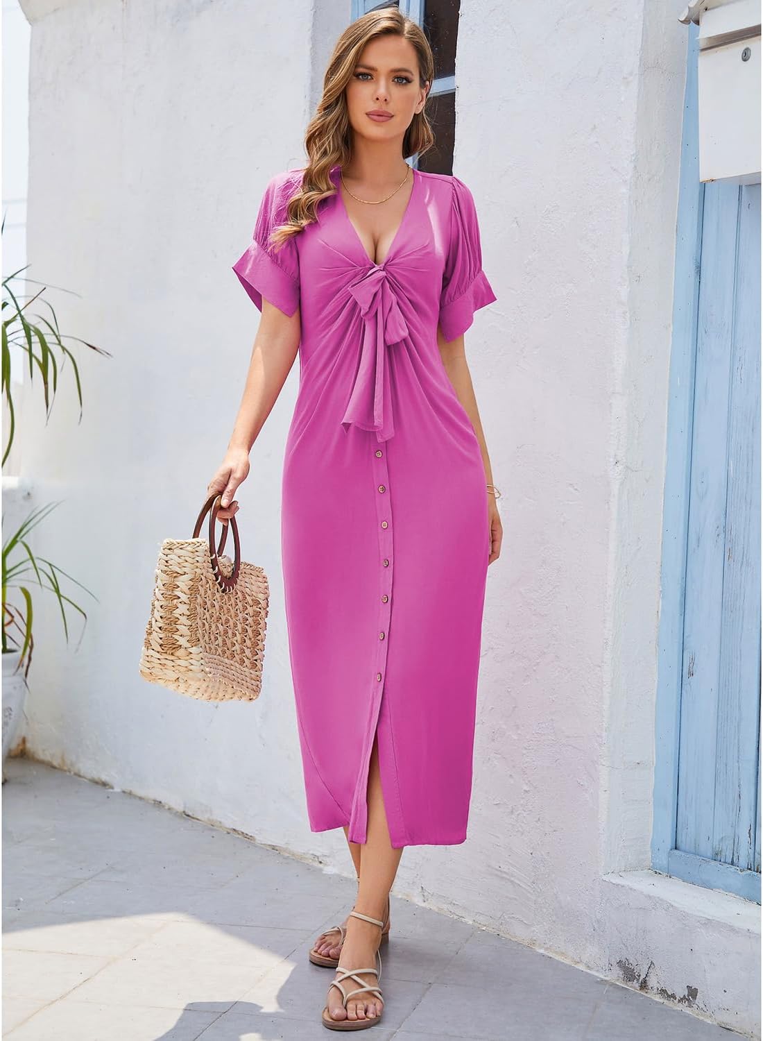 OWNGIGI Women's Maxi Dress Causal Wrap V-Neck Boutton Slit Puff Short Sleeve Beach Party A Line Boho Long Dresses Pink - Image 2