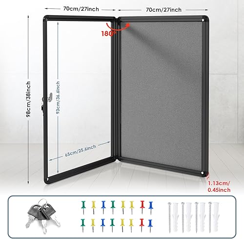 Miniatura 2 de Tablero de anuncios cerrado con vitrina de visualización bloqueable y pizarra de mensajes con puerta de bloqueo para interiores, fieltro gris, marco