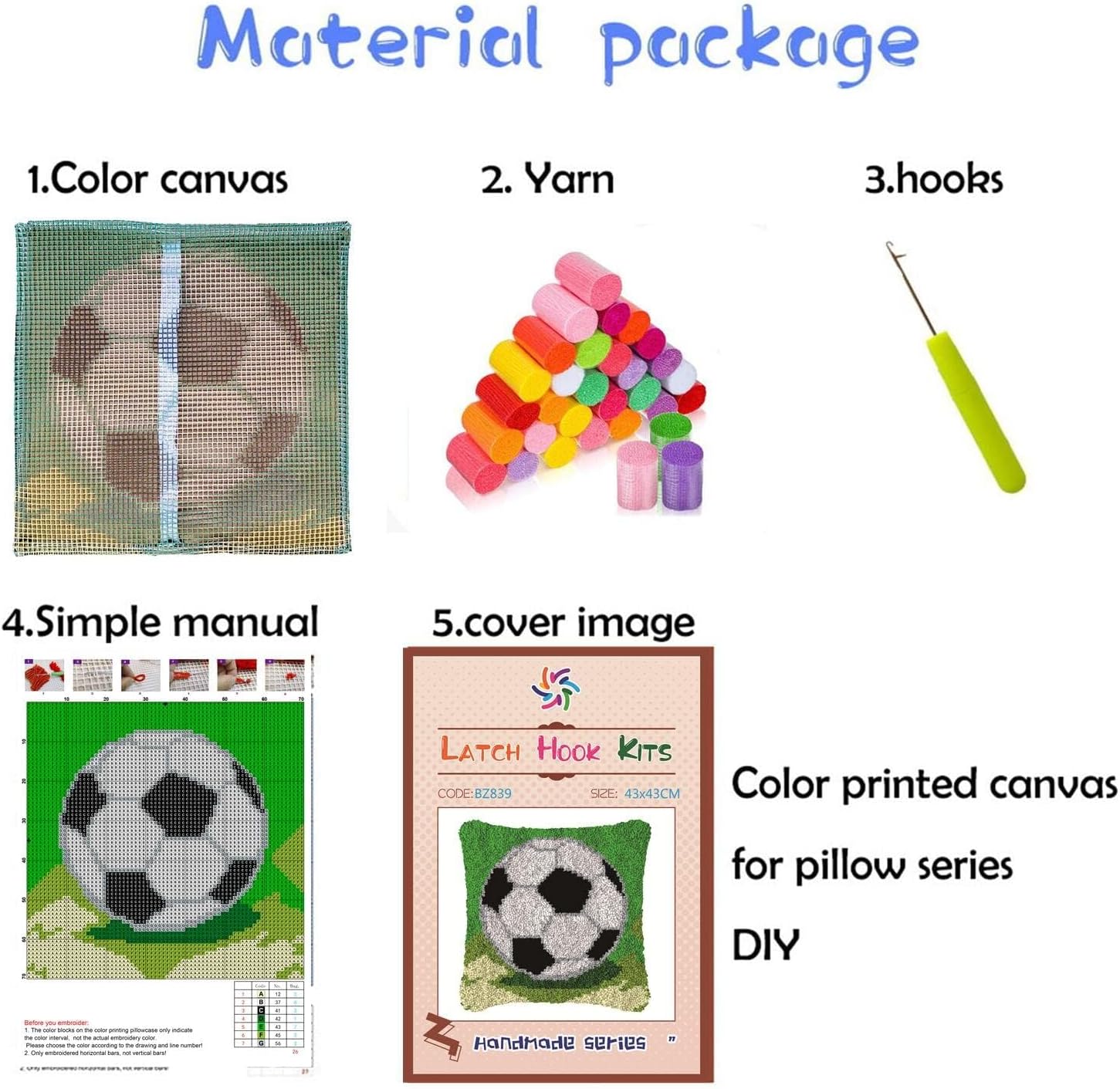 Generic Soccer Football Latch Hook Pillow Kit DIY Handmade Cushion Crochet Yarn Embroidery Needlework Hook Latch Kit Pillowcase Rug Cover Christmas Home Sofa Decoration 43x43cm