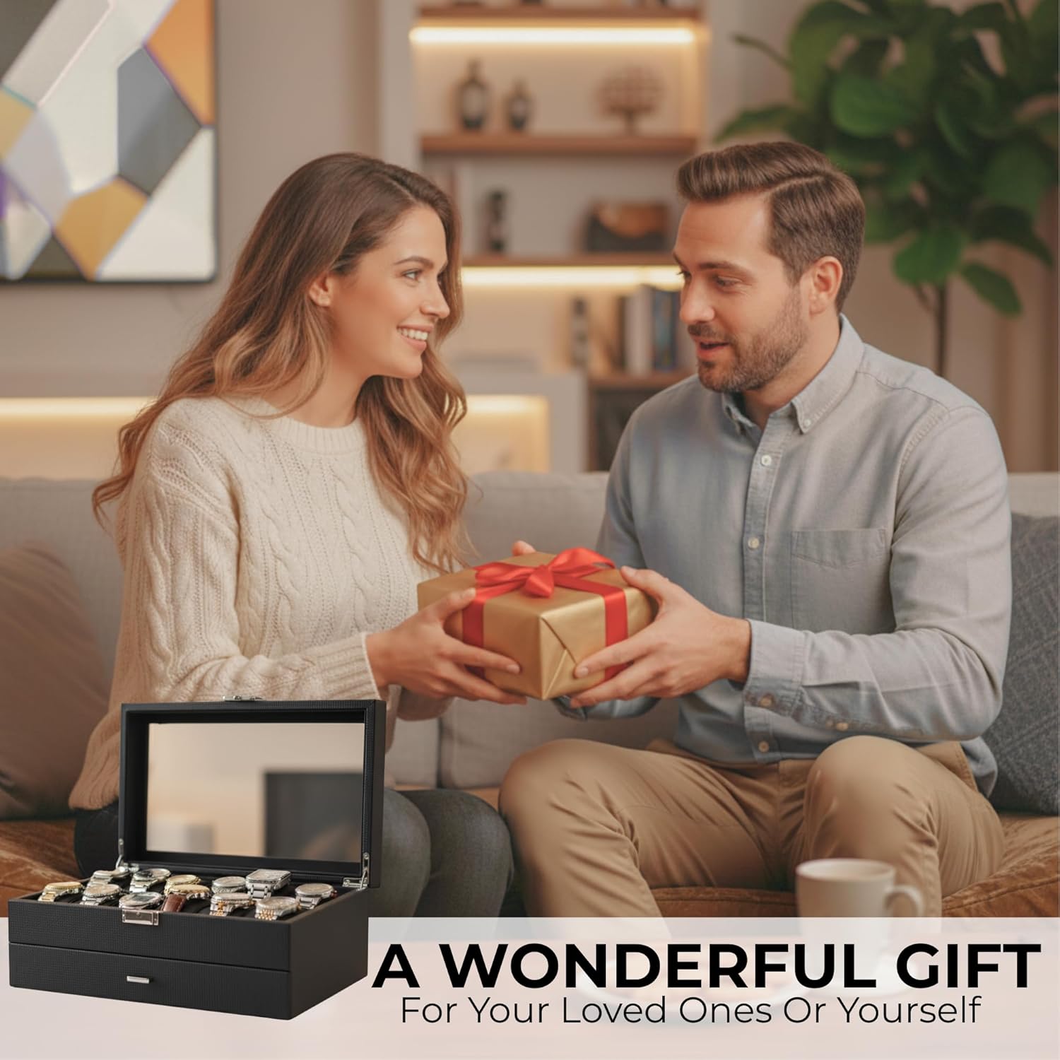 Watch Box, 12 Slot Mens Watch Case With Drawer, 2-Layer Watch Display Case With Glass Lid, Mens Jewelry Box Storage Holder Organizer, Anniversary Birthday Valentine Gifts for Men Women