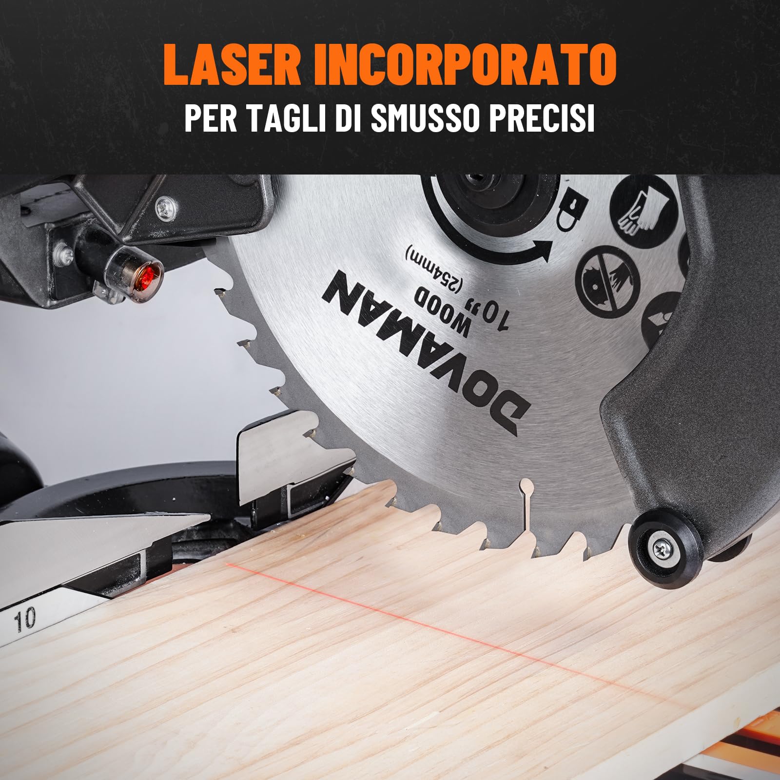 DOVAMAN DMS01A Troncatrice Radiale 2000W, Doppia Velocità 3200/5000 RPM, 3 Lame TCT, Taglio Max 340x90mm, Angolo 0-45°, Guida Laser, 9 Posizioni, Per Legno PVC Alluminio Metalli Teneri