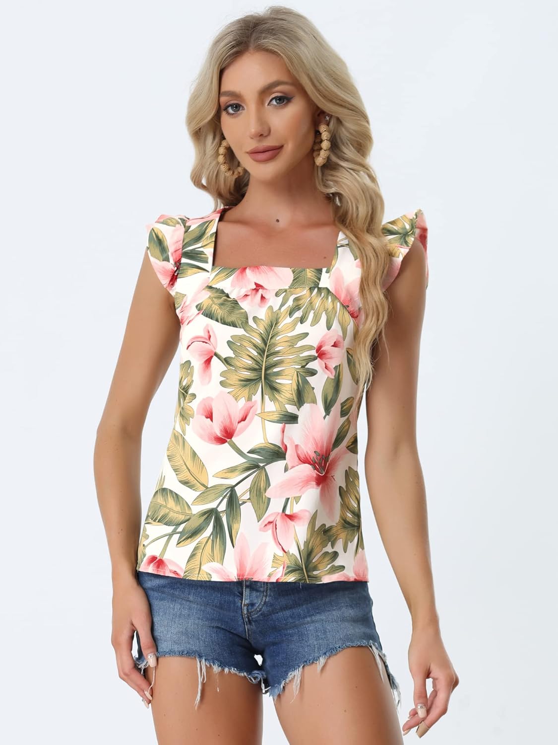 Allegra K Women's Tropical Tank Top Floral Print Square Neck Summer Beach Tops - Image 3