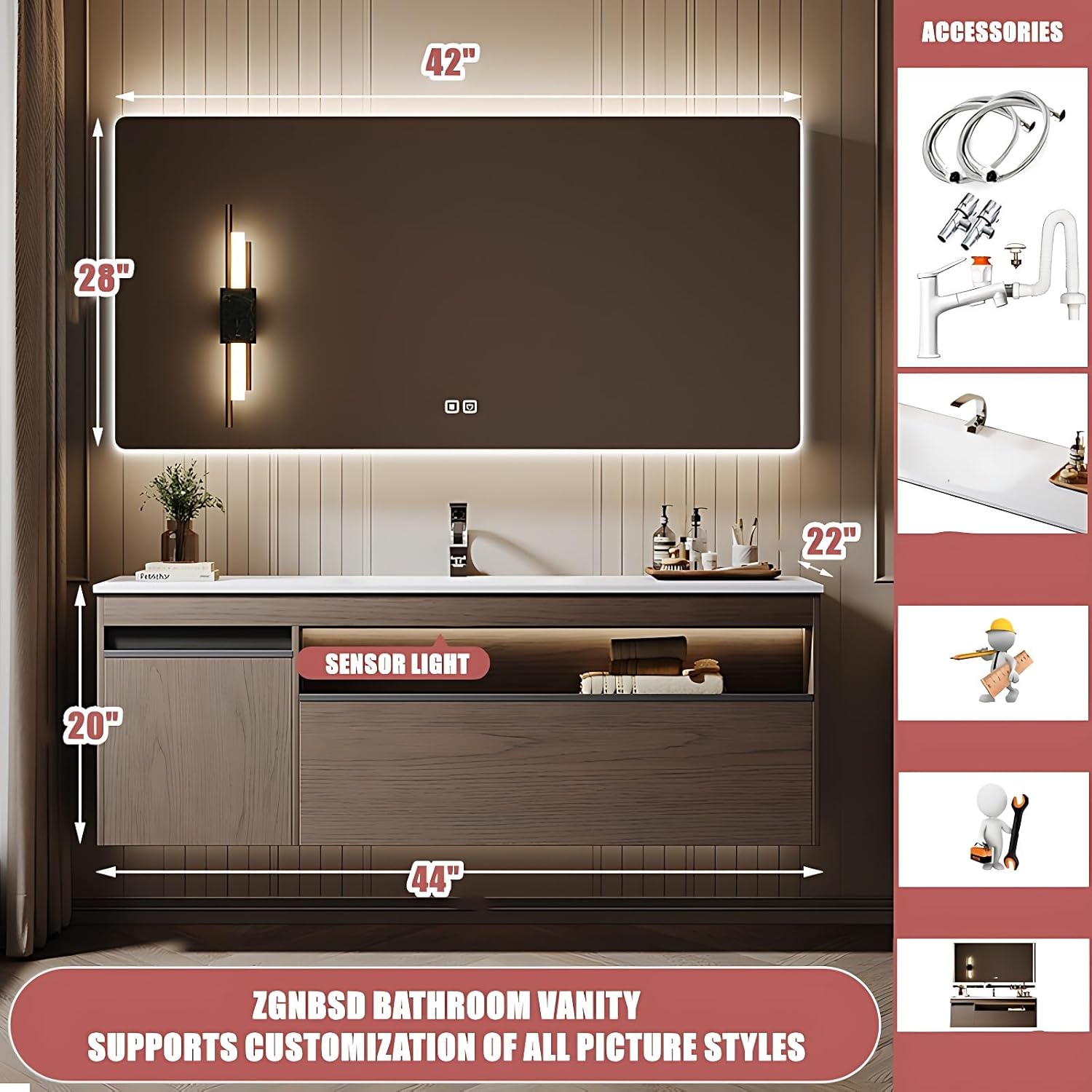 Bathroom Vanity with Sink- Bathroom Vanity Include Smart LED defog Mirror ? Smart Sensor Light, Wall Mounted Solid Wood Bathroom Vanity Set (44''), Dark Gray