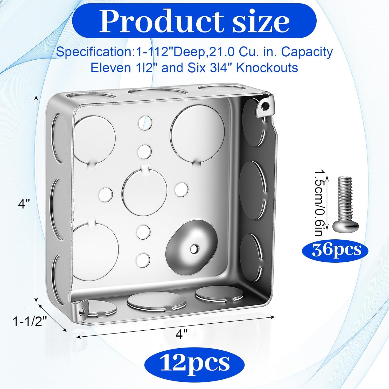 12 Pack 4" Square Electrical Box, 1-1/2'' Deep Square Electrical Box Silver Galvanized Steel 21.0 Cu. in. Capacity Grounding Wire and Screw Junction Boxes