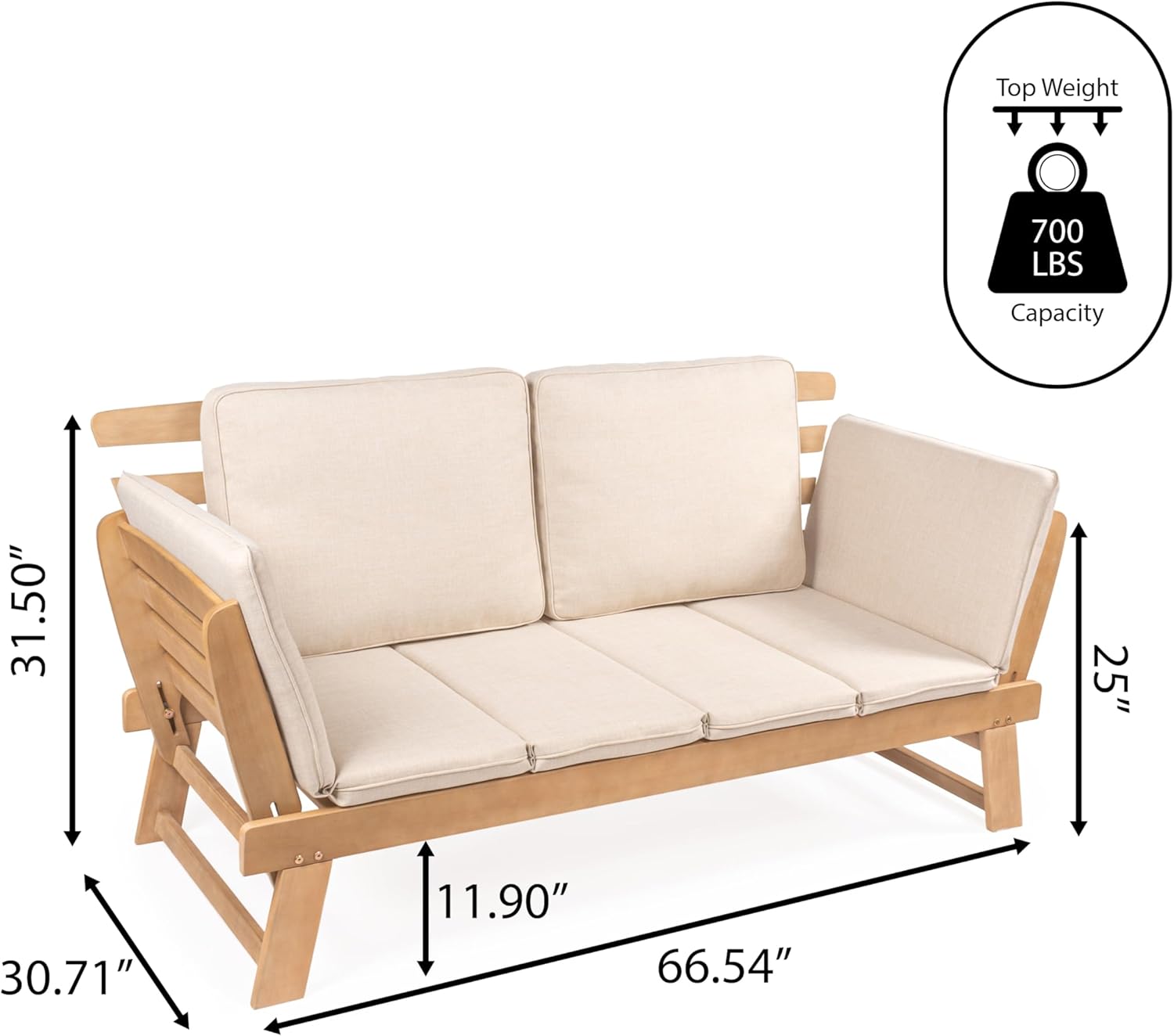 JONATHAN Y SFB1000A Hartley 2-Seat Modern Scandinavian Folding Wood Outdoor Day Bed Sofa Mid-Century, Classic, Transitional, Industrial for Backyard, Patio, Porch, Beige/Light Teak