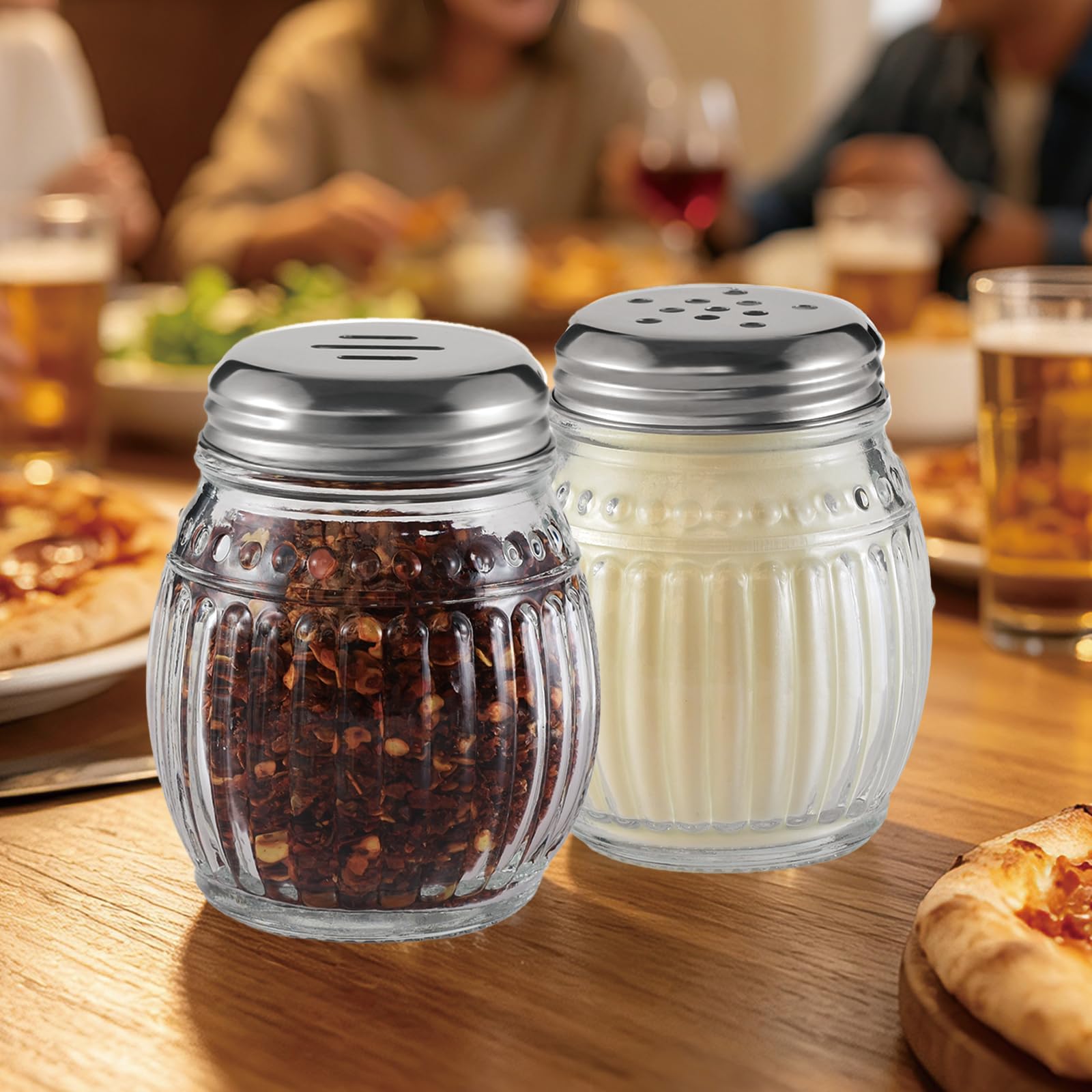 Pimentero de cristal con parte superior de acero inoxidable perforado, coctelera de queso con parte superior ranurada de acero inoxidable, juego de 2 (transparente)