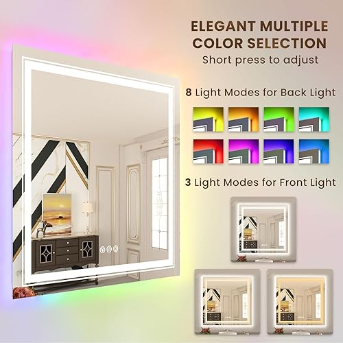 Miniatura 2 de Espejo de baño LED RGB de 32 x 32 pulgadas con retroiluminación y 3 luces frontales, espejo LED regulable continuo para baño, espejo de tocador de