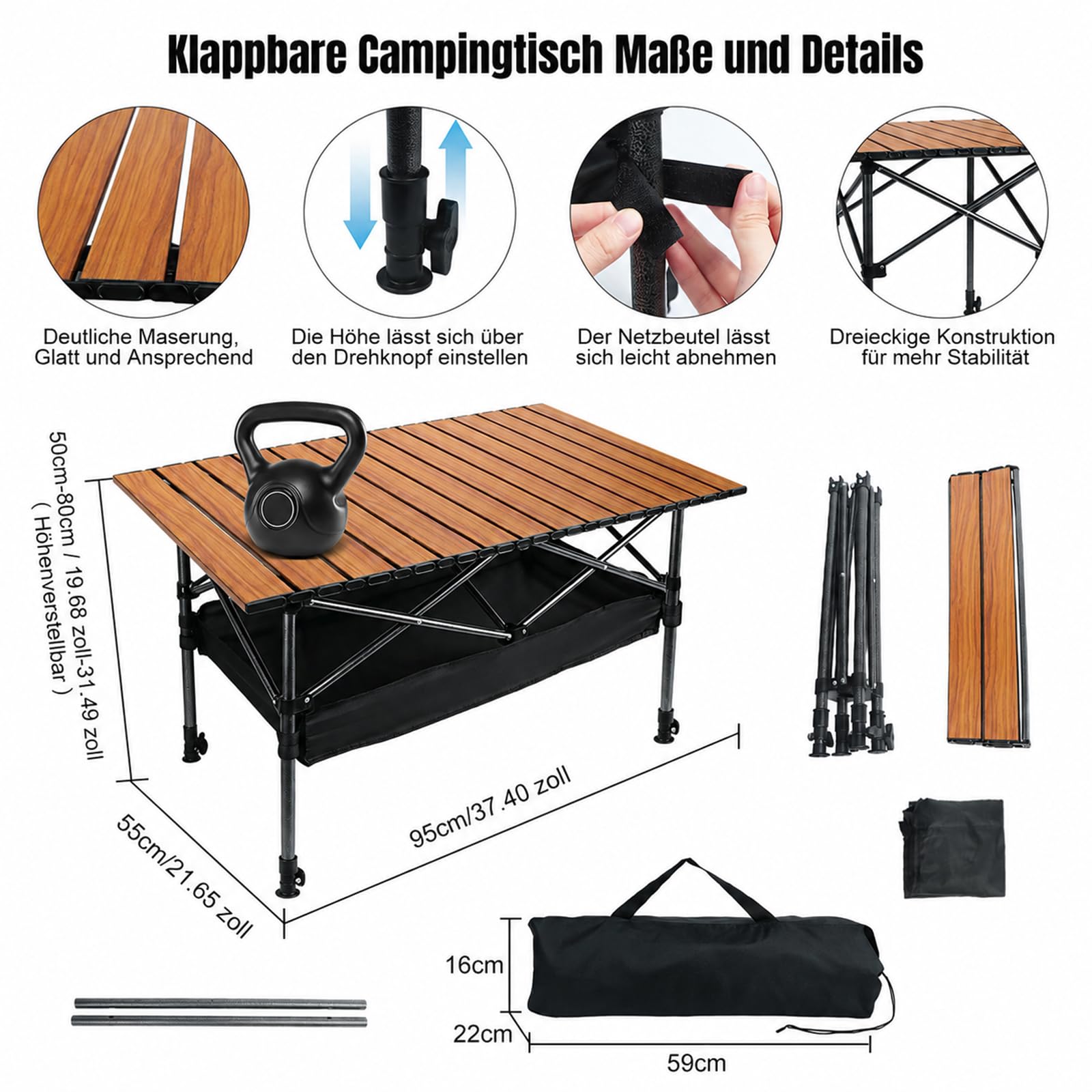 Campingtisch Klappbar, Klapptisch Höhenverstellbar 95x55cm
