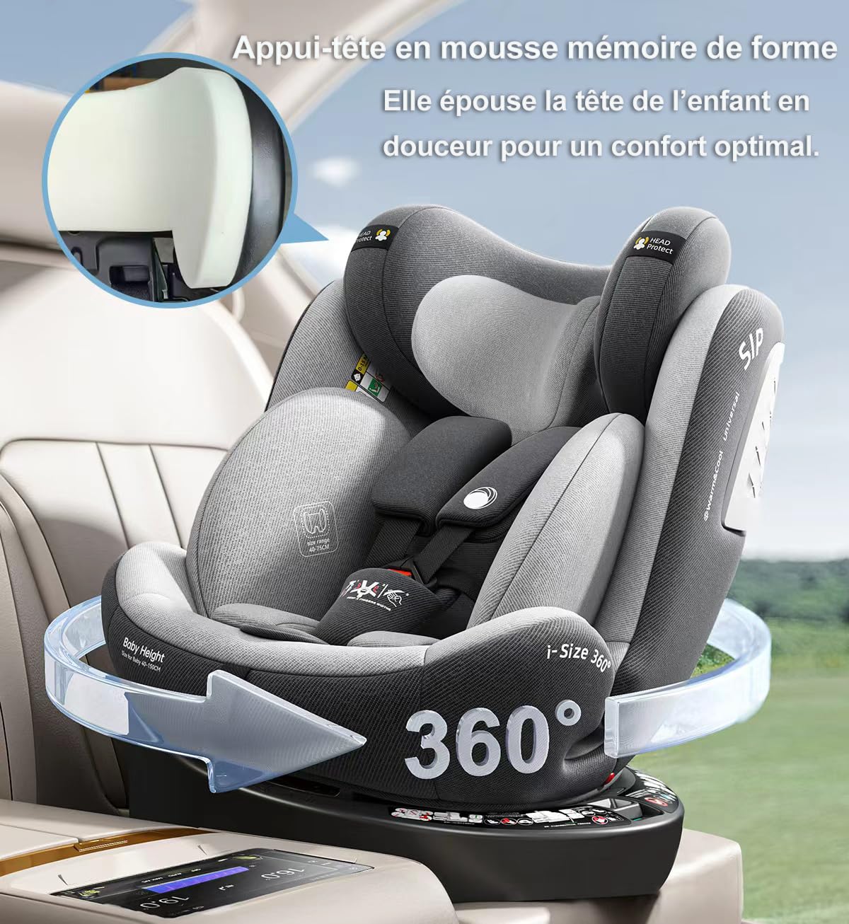 Heekin siège auto bébé 360 pivotant ISOFIX+TopTether 0-36kg 0-12ans Gris