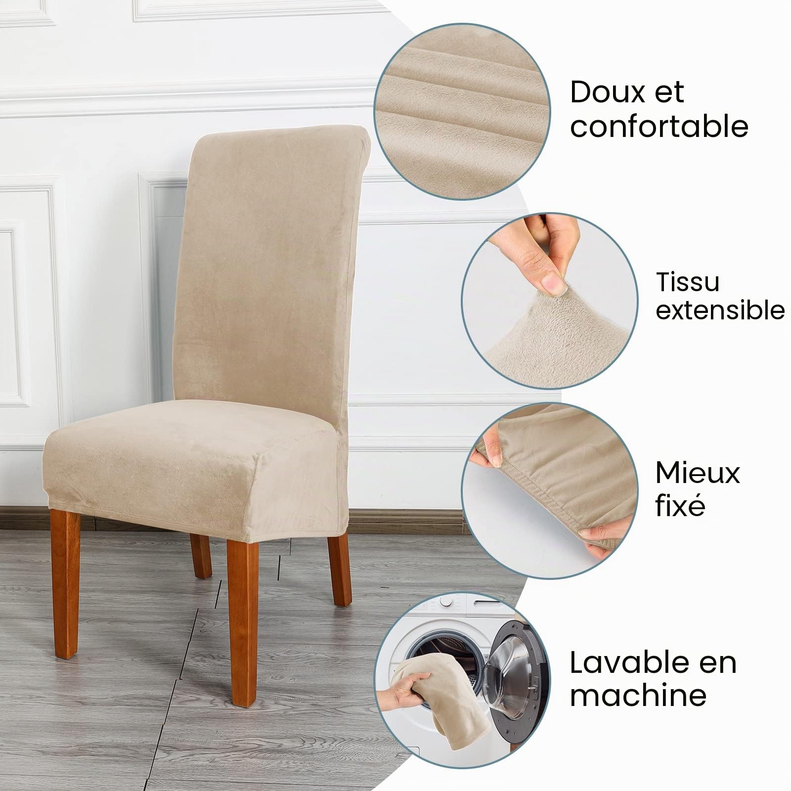 CMAKER Lot de 6 housses de chaise de salle à manger en velours extensible avec dossier haut en élasthanne élastique lavable amovible XL Beige