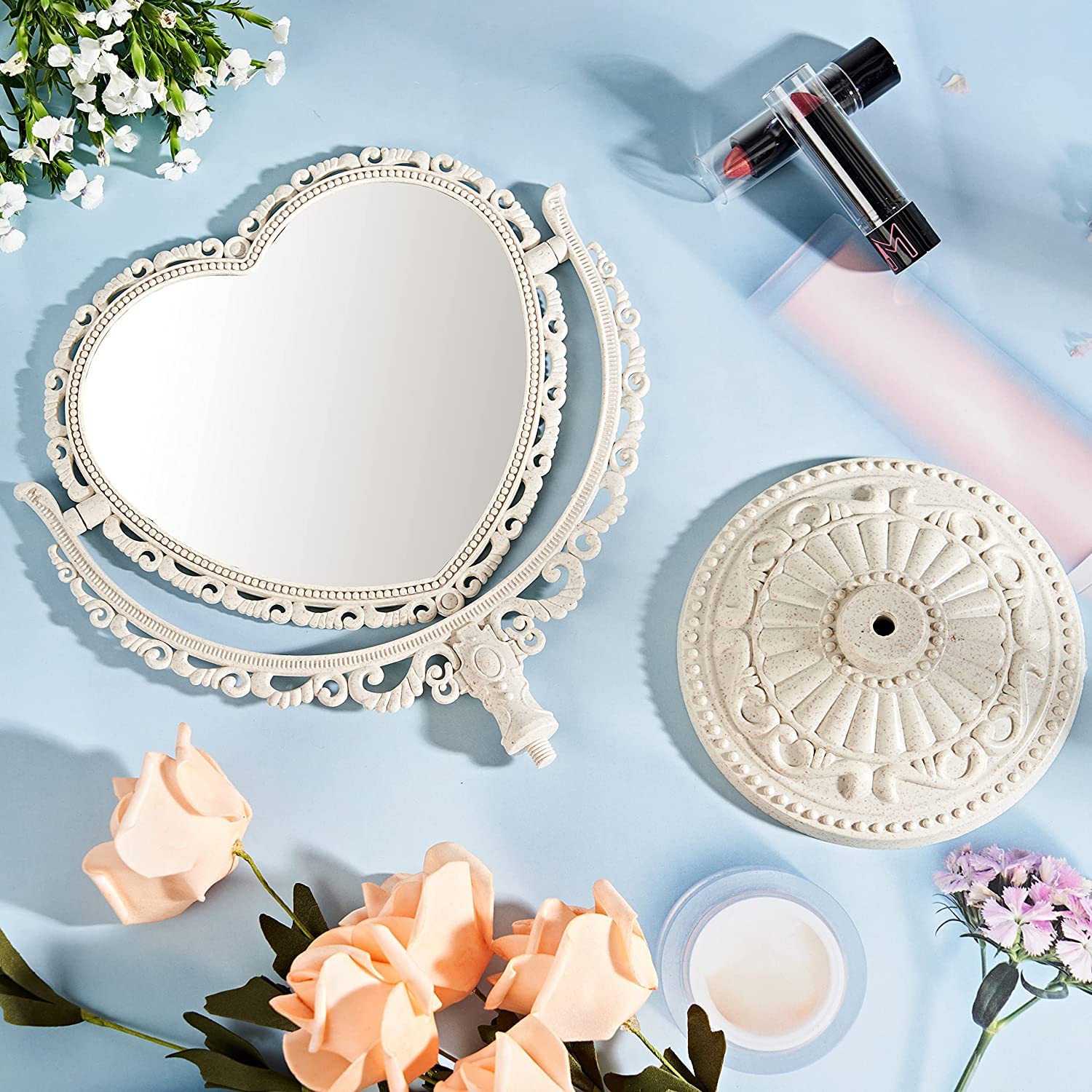Specchio Da Trucco Vintage Feyarl - Ovale Floreale, Doppia Faccia, Girevole, Perfetto Per Vanità - 5