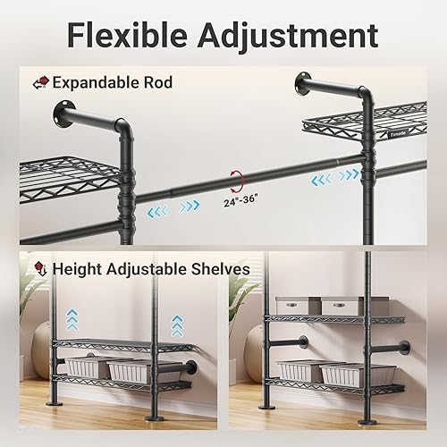 Miniatura 5 de Timate Perchero de ropa en forma de L L4 resistente para colgar ropa, perchero industrial expandible para ropa de tubería industrial montado en la