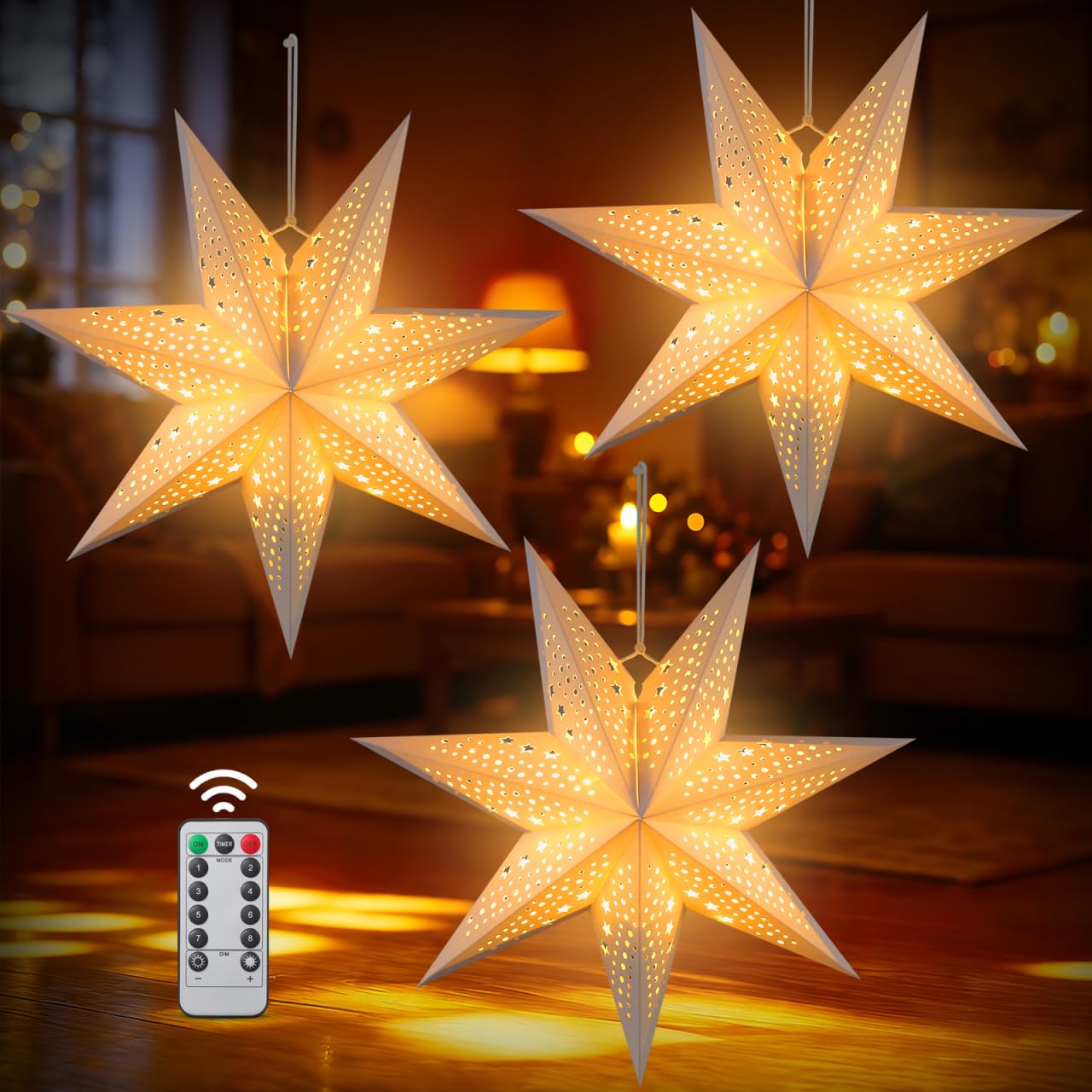 Abaodam 3 Pack Paper Star Lanterns with Lights for Window Decor 17.7 Inch