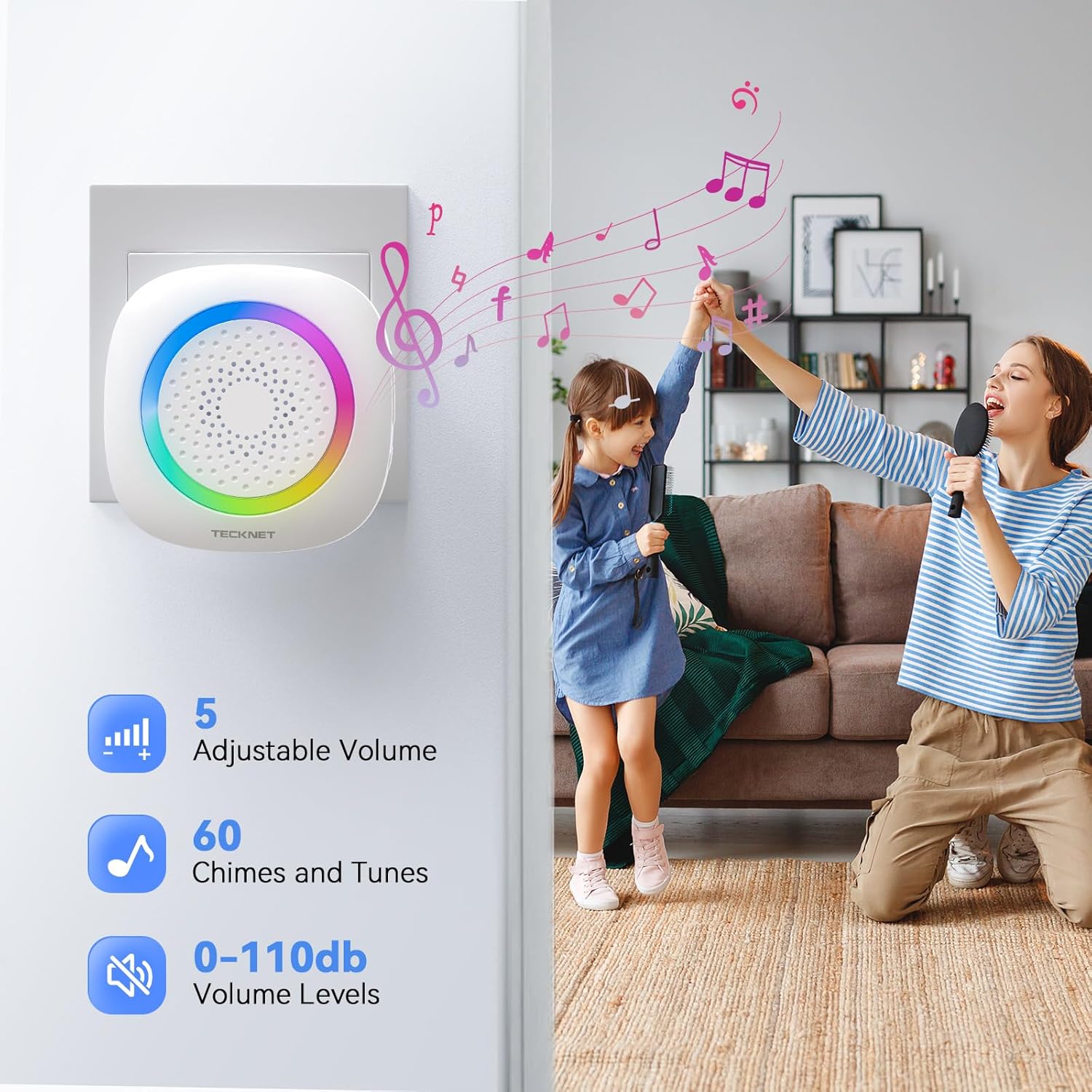 Image showing a doorbell receiver plugged into an outlet with musical notes and text indicating '5 Adjustable Volume' and '60 Chimes and Tunes'.