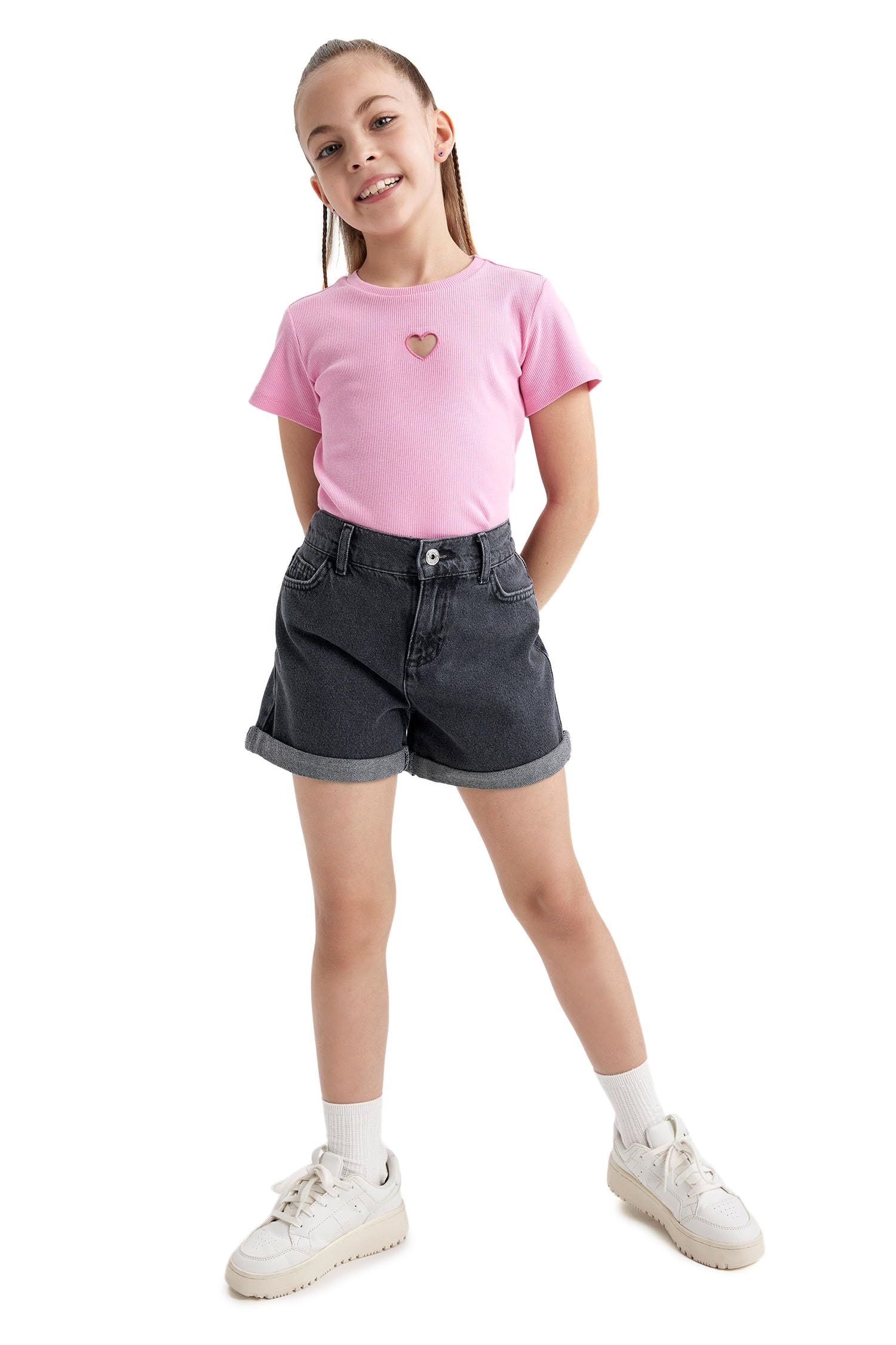 Kız Çocuk Kız Çocuk Mom Fit Paça Katlama Detaylı Jean Şort