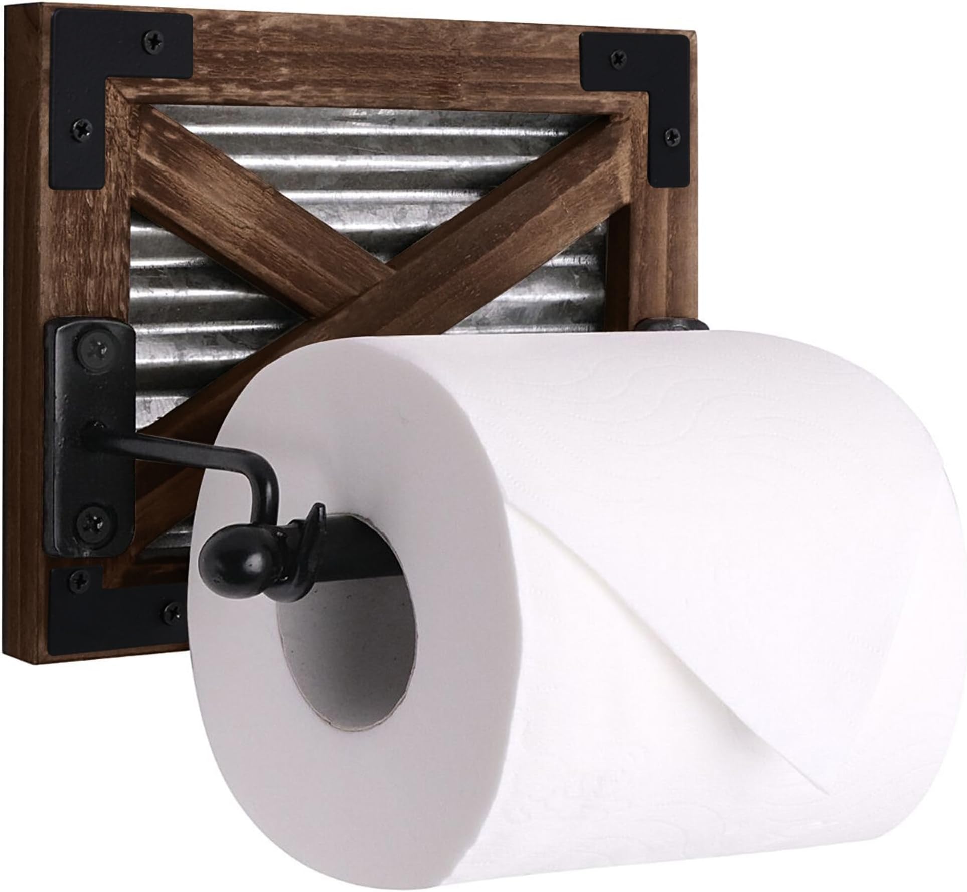 Autumn AlleyFarmhouse Toilet Paper Holder with Bracket - Farmhouse Bathroom Rustic Country Decor - Rustic Bathroom Accessories Featuring Warm Brown Wood, Galvanized Metal, and Black Metal