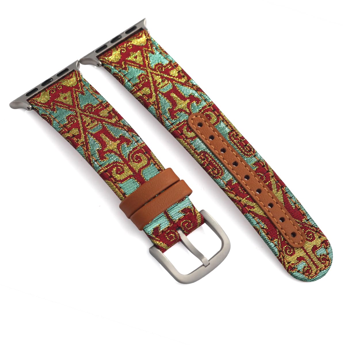 TMEGMIC Handmade Leather Gold-Woven Fabric Smart Watch Band Dark Coffee Taotie Pattern Limited Edition Compatible with Apple Watch