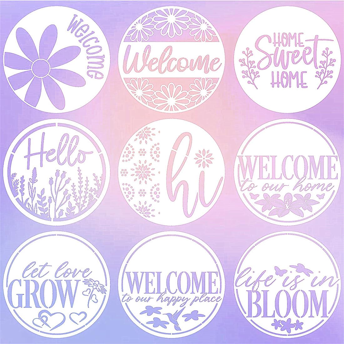 SoulQool 9 Pcs Welcome Stencils for Painting on Wood 12IN Round Stencils for Painting on Wood,Large Stencils for Crafts Reusable Drawing Templates for Door Hanger Porch Wood Sign