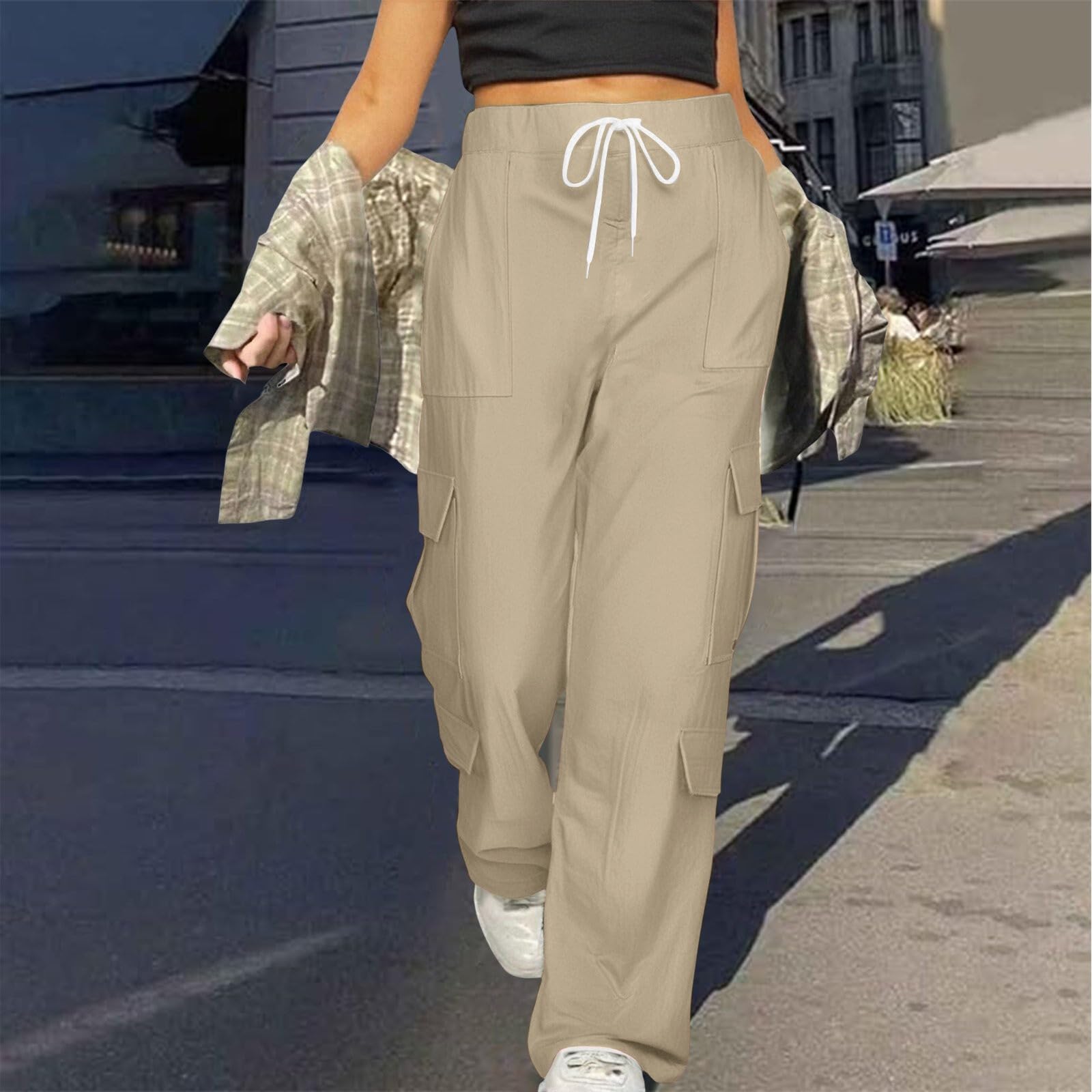 Nidddiv Pantaloni cargo da donna, estivi, traspiranti, leggeri, tinta unita, elasticizzati, larghi, in tessuto, per sport all'aria aperta, con tasche multiple, S-3Xl