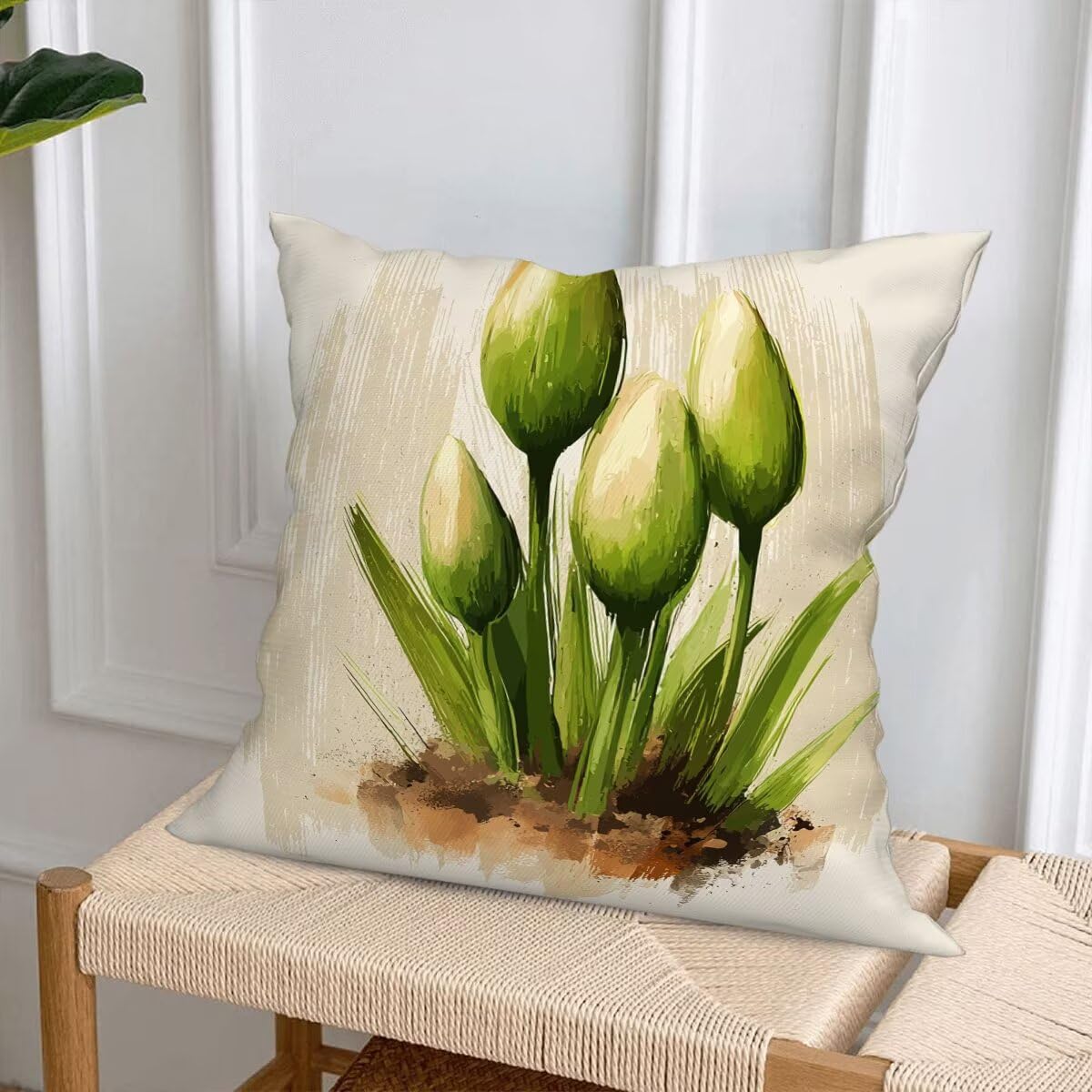 Federe Cuscino Divano 60x60 cm, Crema Cuscini per Divano da Esterno Set da 4, Lino Copricuscini Divanos Impermeabile, Copri Cuscini Pianta Motivo Fronte Retro Stampato per Giardino, Sofá, Balcón, G-17