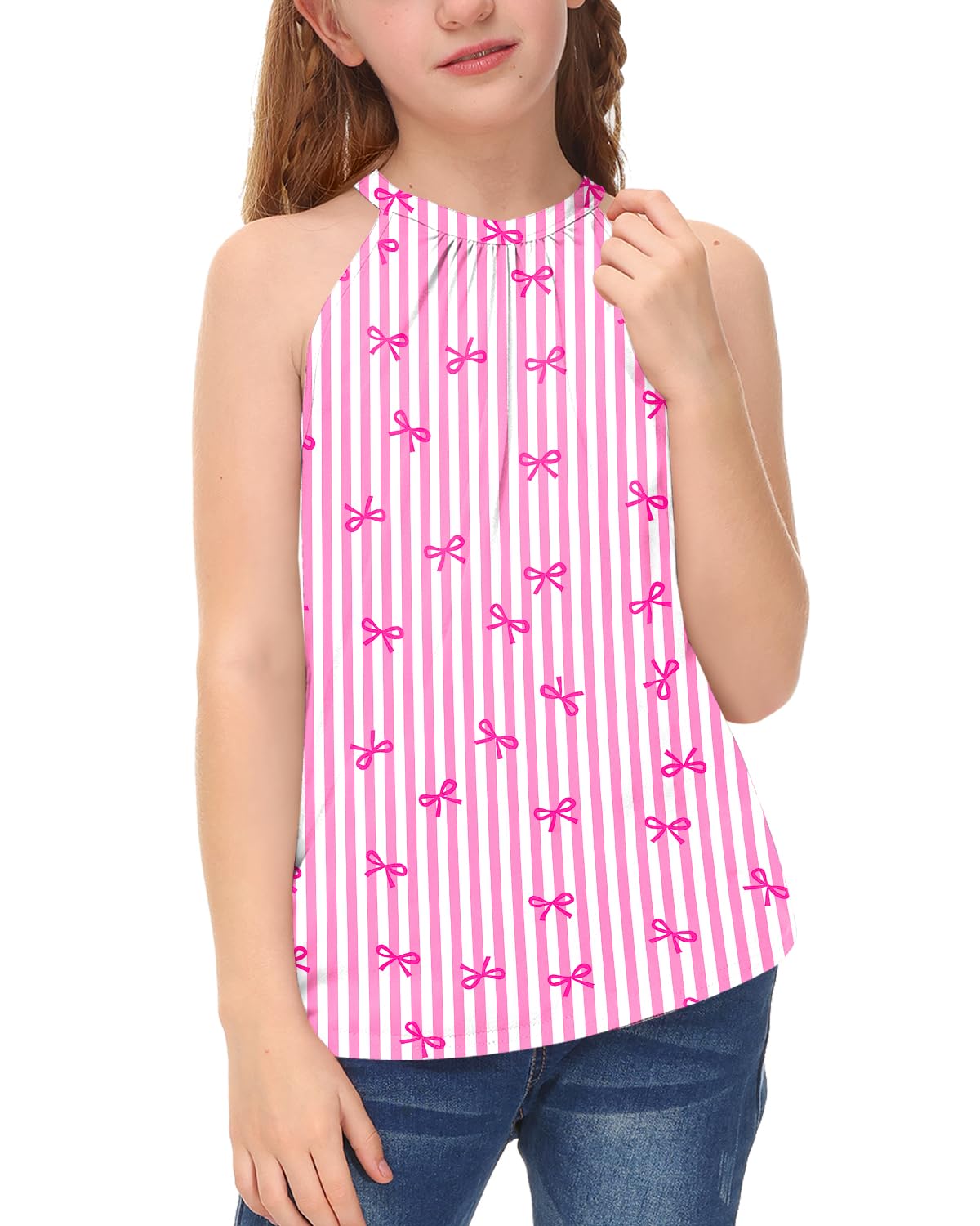 BesserBay Girls Summer Back Button Halter Neck Tank Top Cold Shoulder Casual Blouse Pleated Sleeveless Shirts 5-14 Years