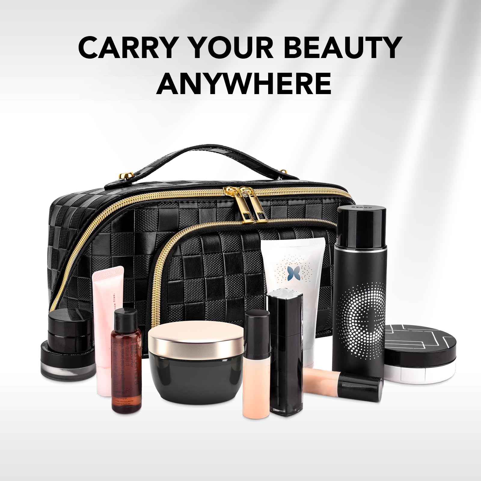 Black Checkered PU Leather Travel Makeup Bag with Compartments