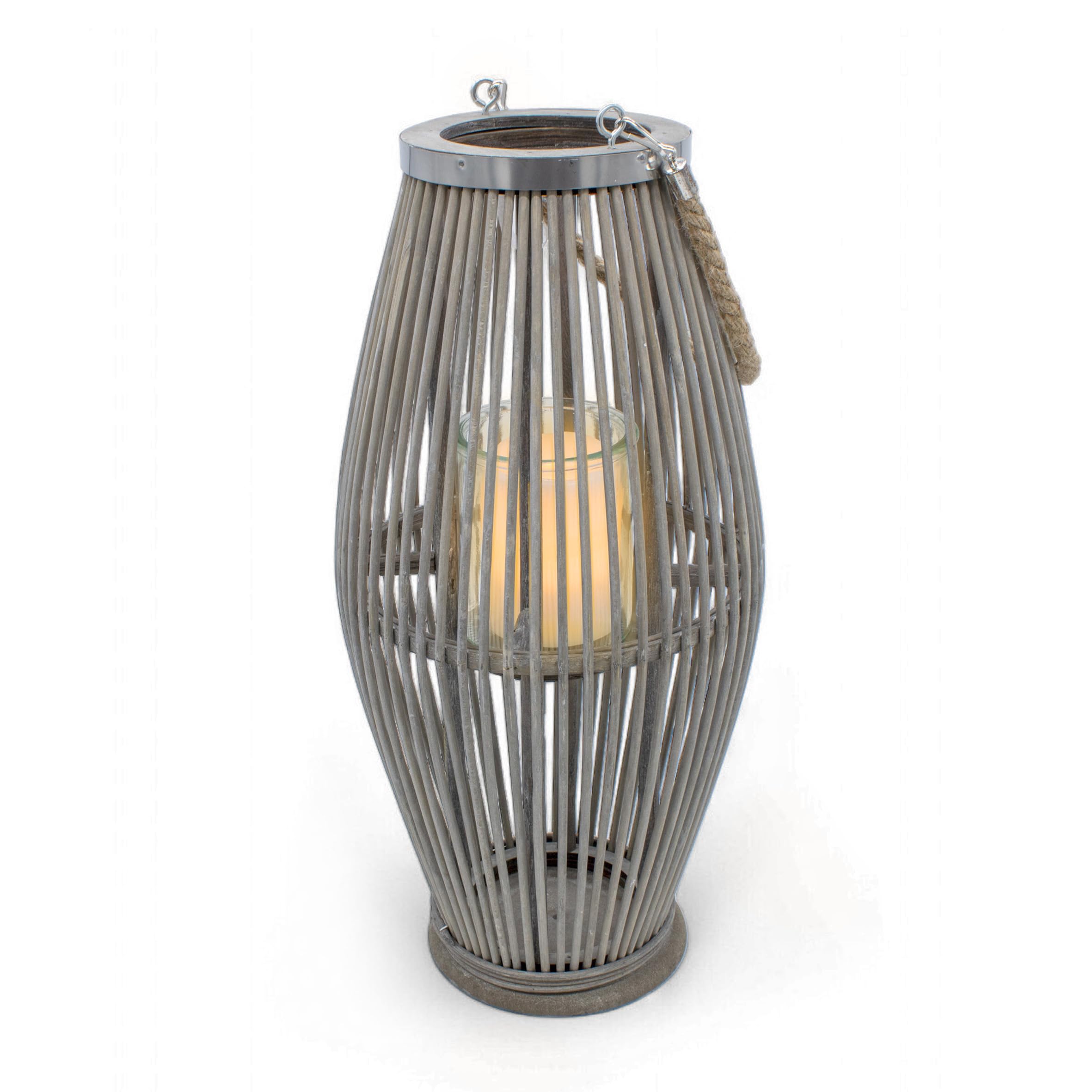 Amazon.de: XXL Bambus Laterne Shabby grau mit Kerzenglas - 50 x 24 cm -  Holz Windlicht mit Jute Seil zum Hngen - Garten Deko Kerzenhalter  Gartenlaterne Leuchte zum Hngen fr Balkon Terrasse Innen Auen