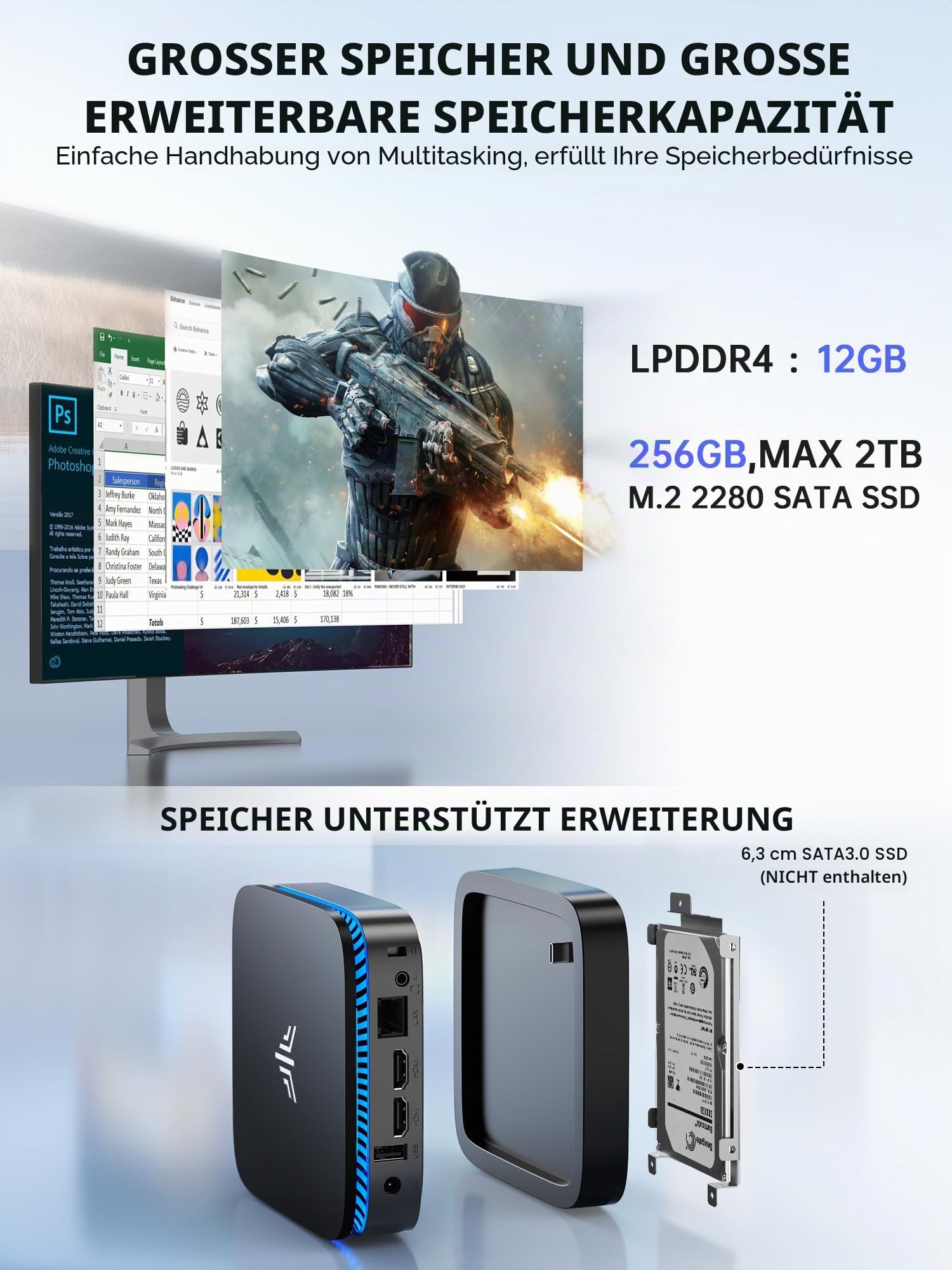 ACEMAGICIAN Mini PC Intel Pentium N5030 3,1 GHz 12GB LPDDR4 256GB M.2 SSD W11 Pro Micro Desktop Computer, 4K UHD 2× HDMI, WiFi 5, BT 4.2, Gigabit LAN für Büro, Business, Heimkino & Homeoffice