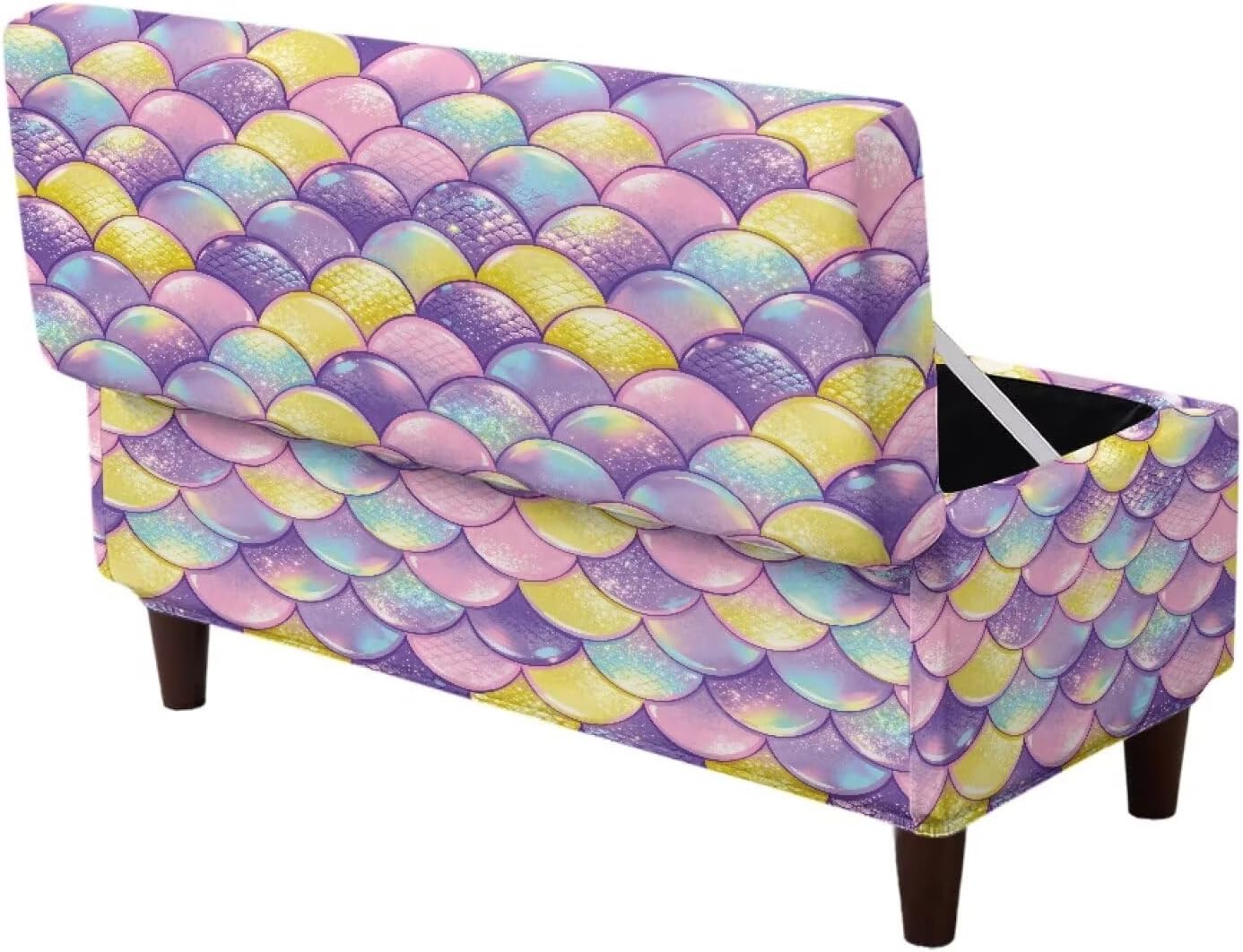 Mermaid Scales Pattern Ottoman Cover Rectangle Slipcovers, Stretch Storage Footrest Stool Cover for Ottoman Rectangle, Soft Foot Stool Cover Protector with Nonslip Elastic Bottom, M