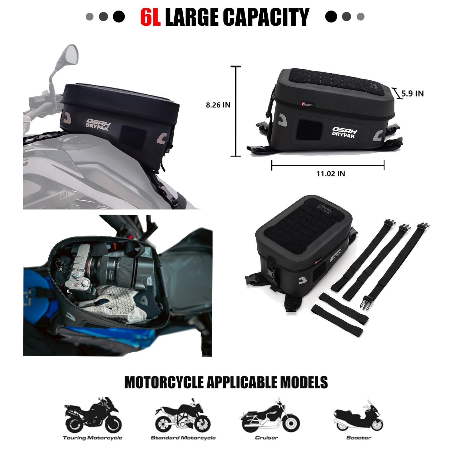 Motorrad Tanktasche wasserdicht TPU – Multifunktional Tank- & Sitz-Tasche, für die meisten Enduro/Adventure Motorräder – Camping/Reisen/Offroad – Schwarz, 6L
