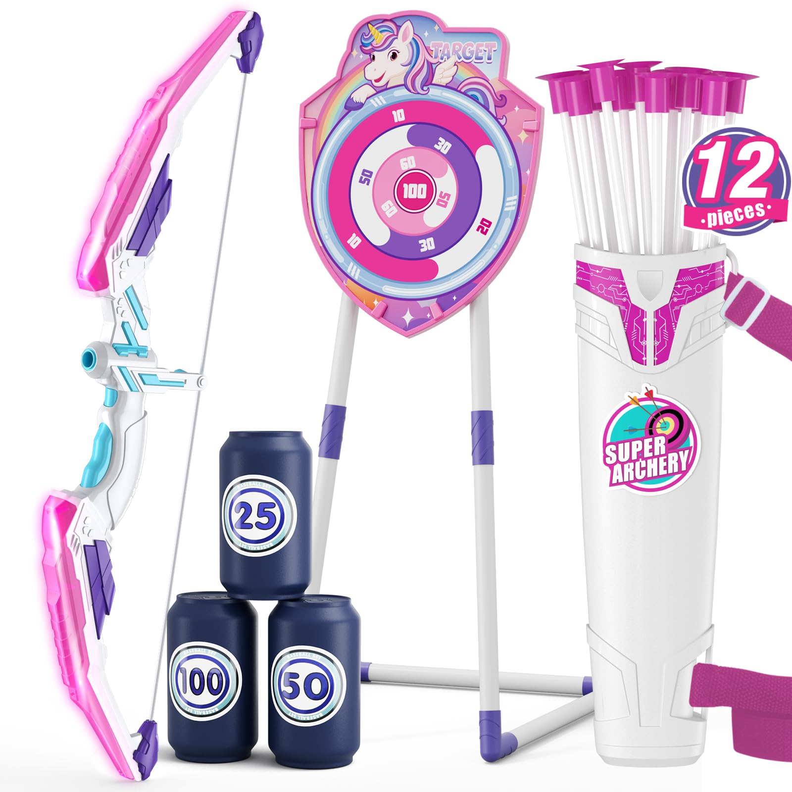 HYES Bow and Arrow for Kids, LED Light Up Archery Set with 12 Suction Cup Arrows, 1 Standing Target, 3 Score Targets & 1 Quiver, Indoor Outdoor Sport Gifts for Boys Girls Ages 4-12, Purple