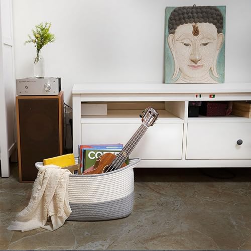 Miniatura 5 de WOCATS Cesta grande de cuerda de algodón de 15 x 10 x 9 pulgadas para cesta de lavandería de bebé, canasta tejida para manta de sala de estar, color