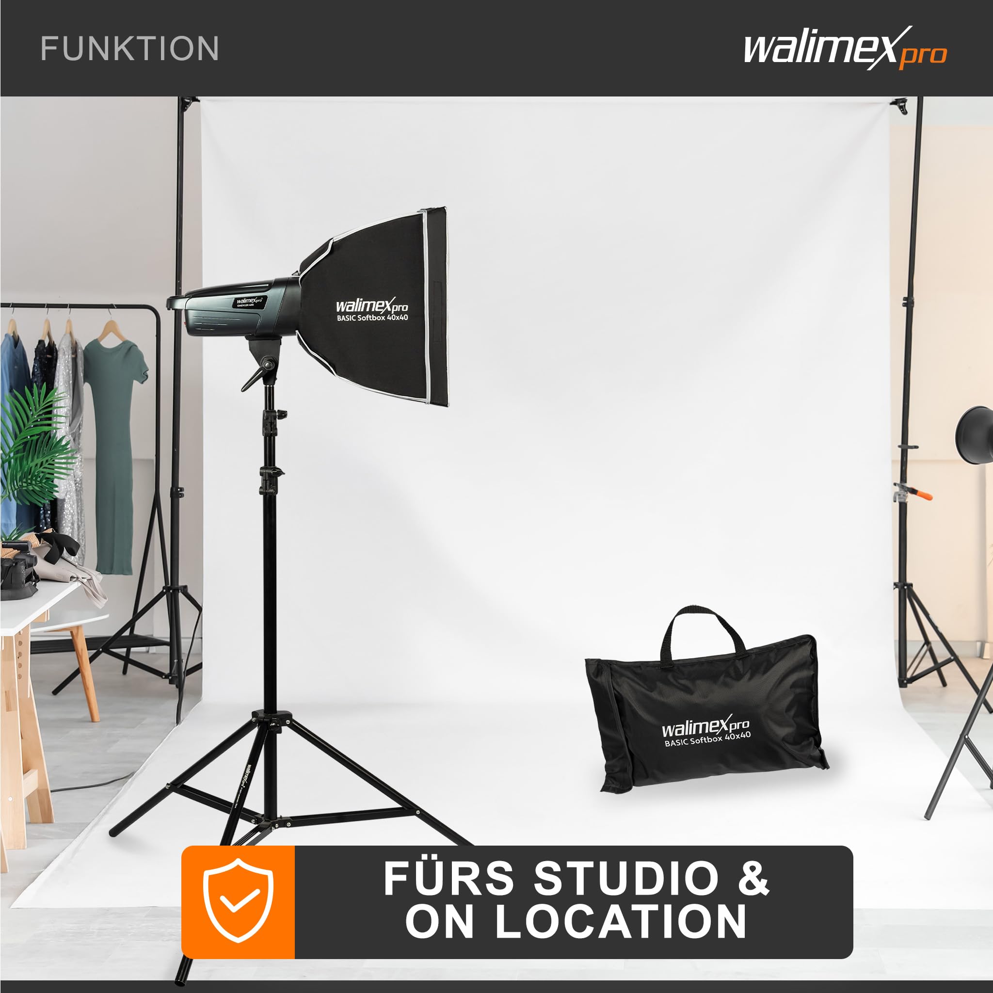 Walimex pro Softbox 40x40cm, ruotabile a 360°, incluso diffusore frontale e intermedio, borsa per il trasporto, adattatore Bowens, ideale per la fotografia di prodotti e persone