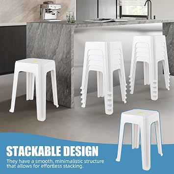Stackable Plastic Stools Set of 12, White, Backless Dining Chairs