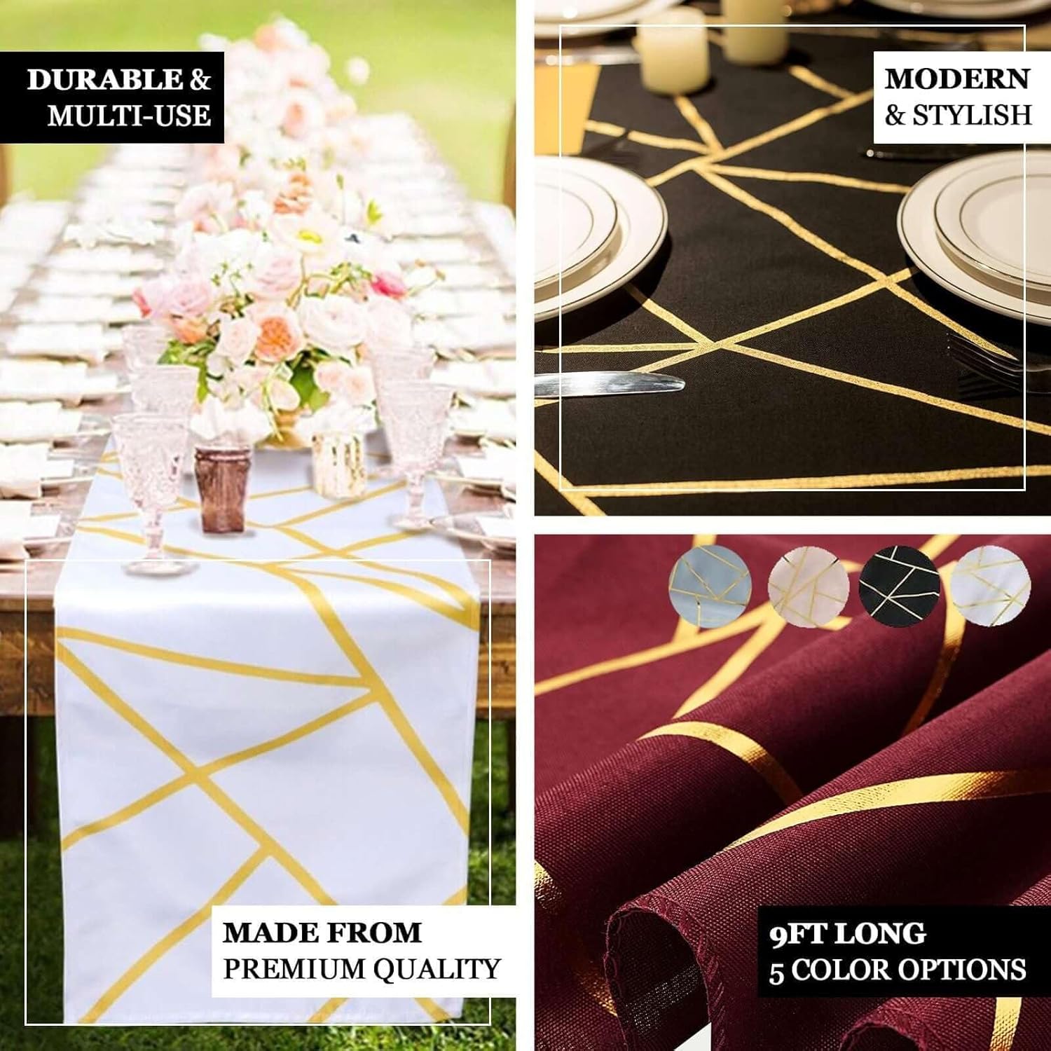 Efavormart Polyester Table Runner 9ft Hunter Emerald Green with Gold Foil Geometric Pattern
